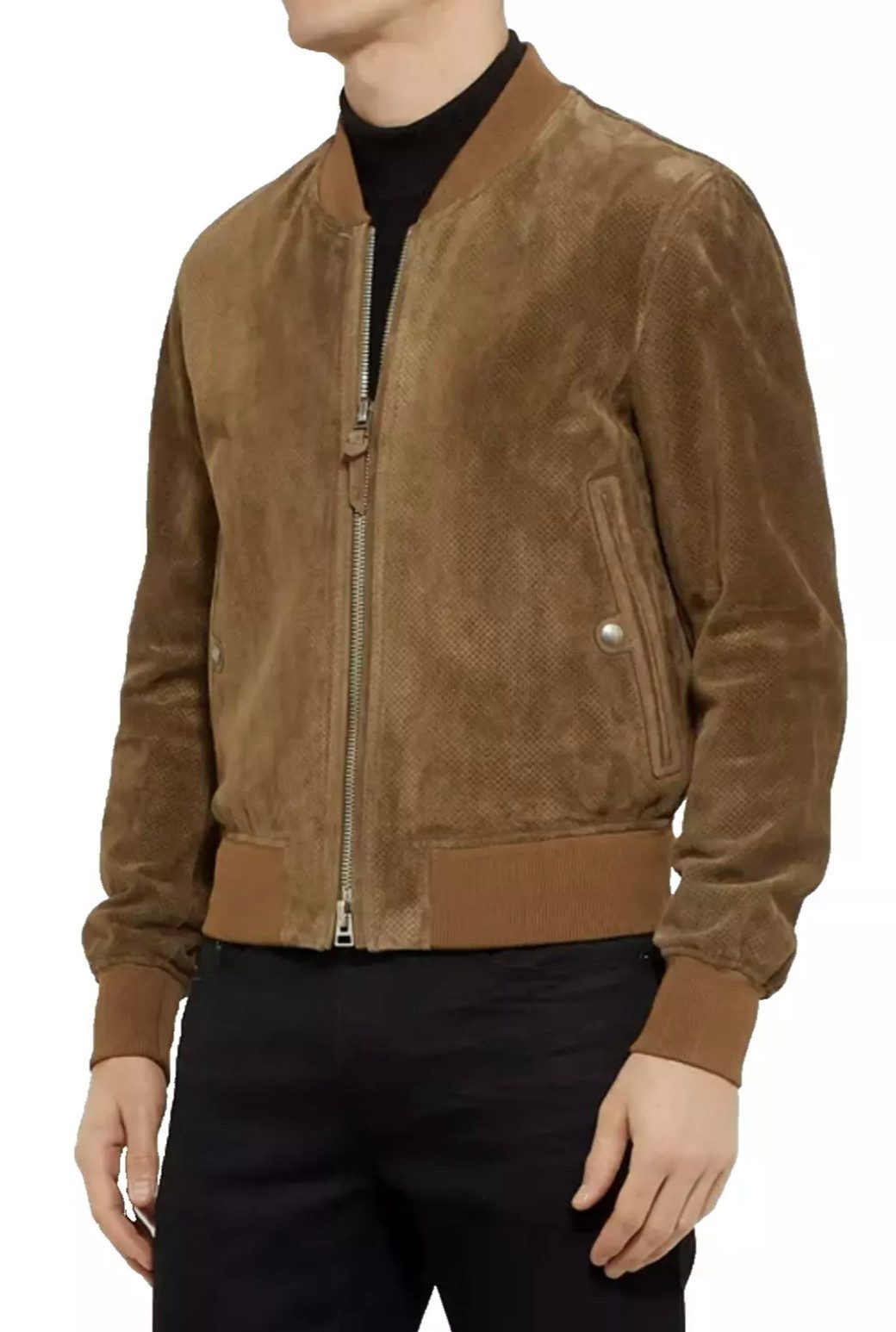 Tom Ford Lederjacke Perforierter Bomber Jacke Blouson Gerippter Saum, Druckknopfverschluss, Zwei-Wege-Reißverschluss