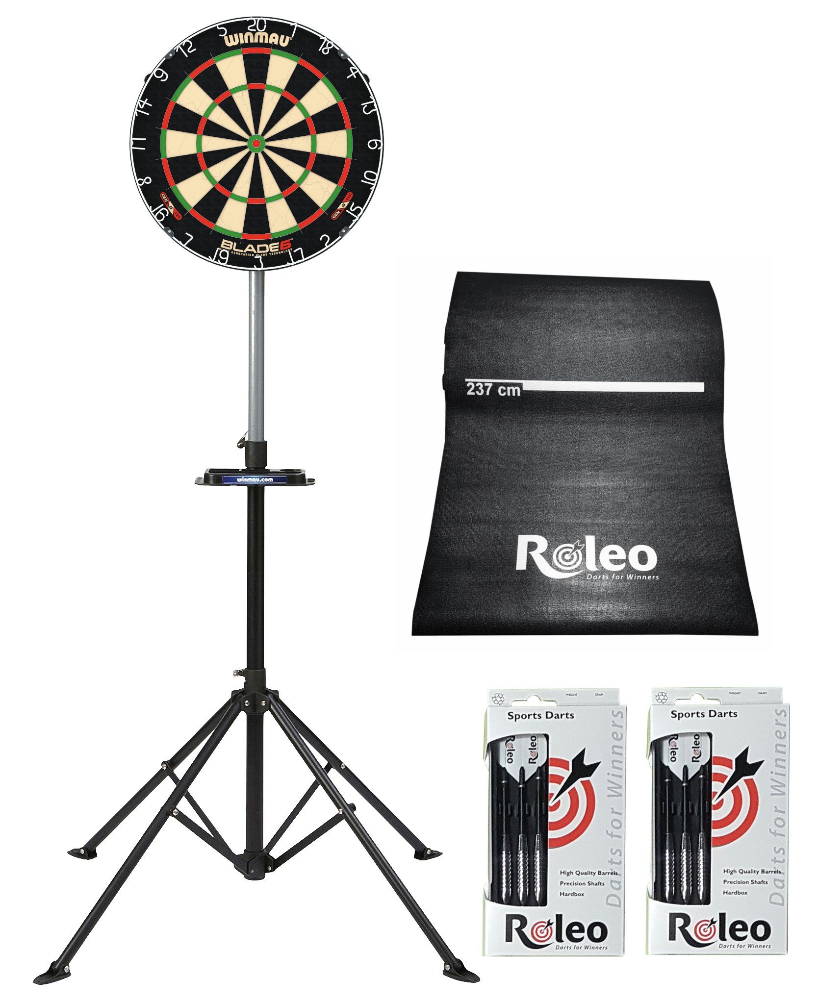 Winmau Dartscheibe Steeldart Dartpfeile + + Roleo 6 Blade Set Dartständer Satz 2 Winmau Dartmatte 