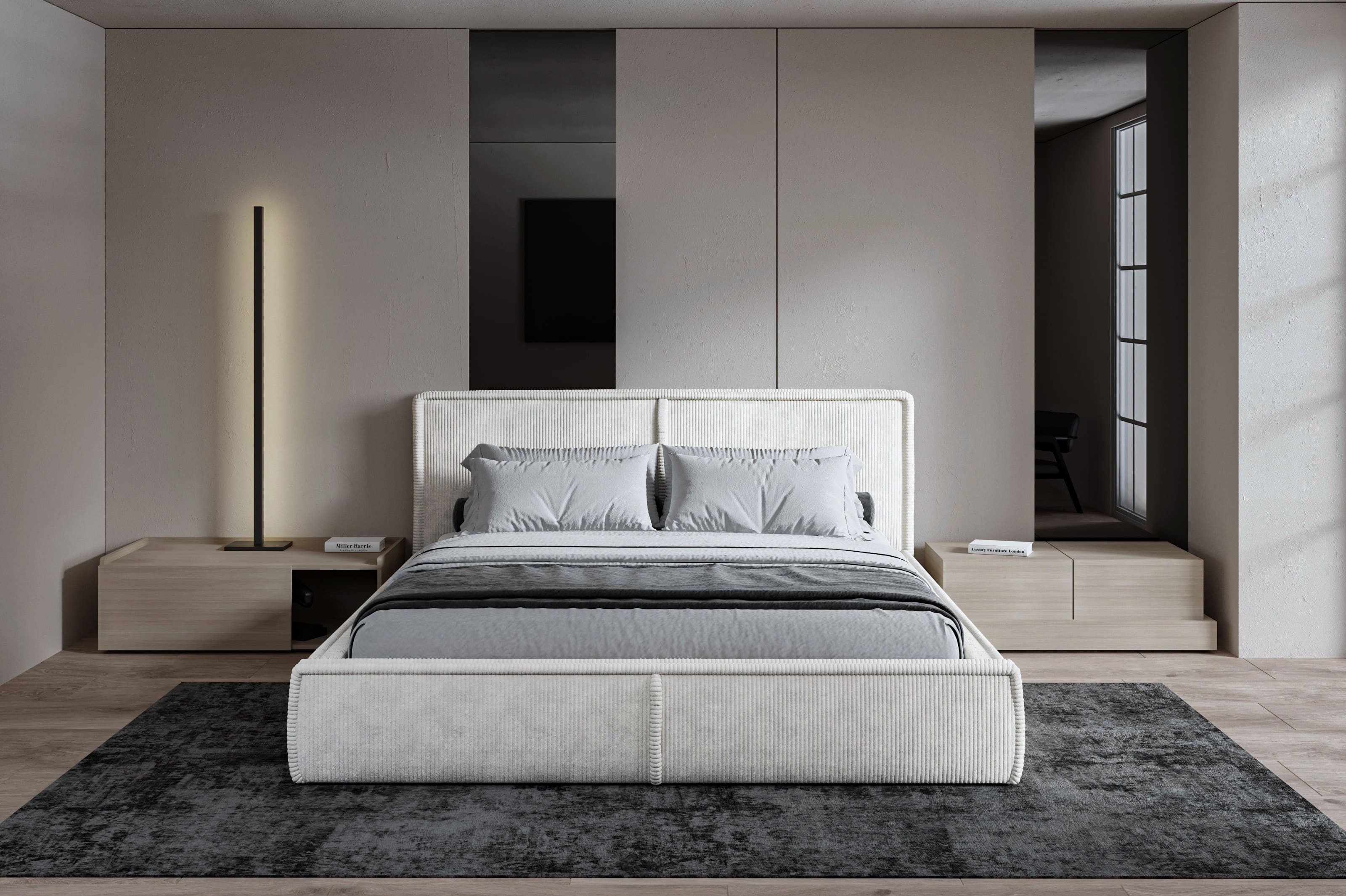 MOEBLO Polsterbett BETT 04 (Bezug: aus Cord, Doppelbett mit Kopfstütze, Rahmenbettgestell 140x200, mit Bettkasten und Lattenrost), mit Bettkasten