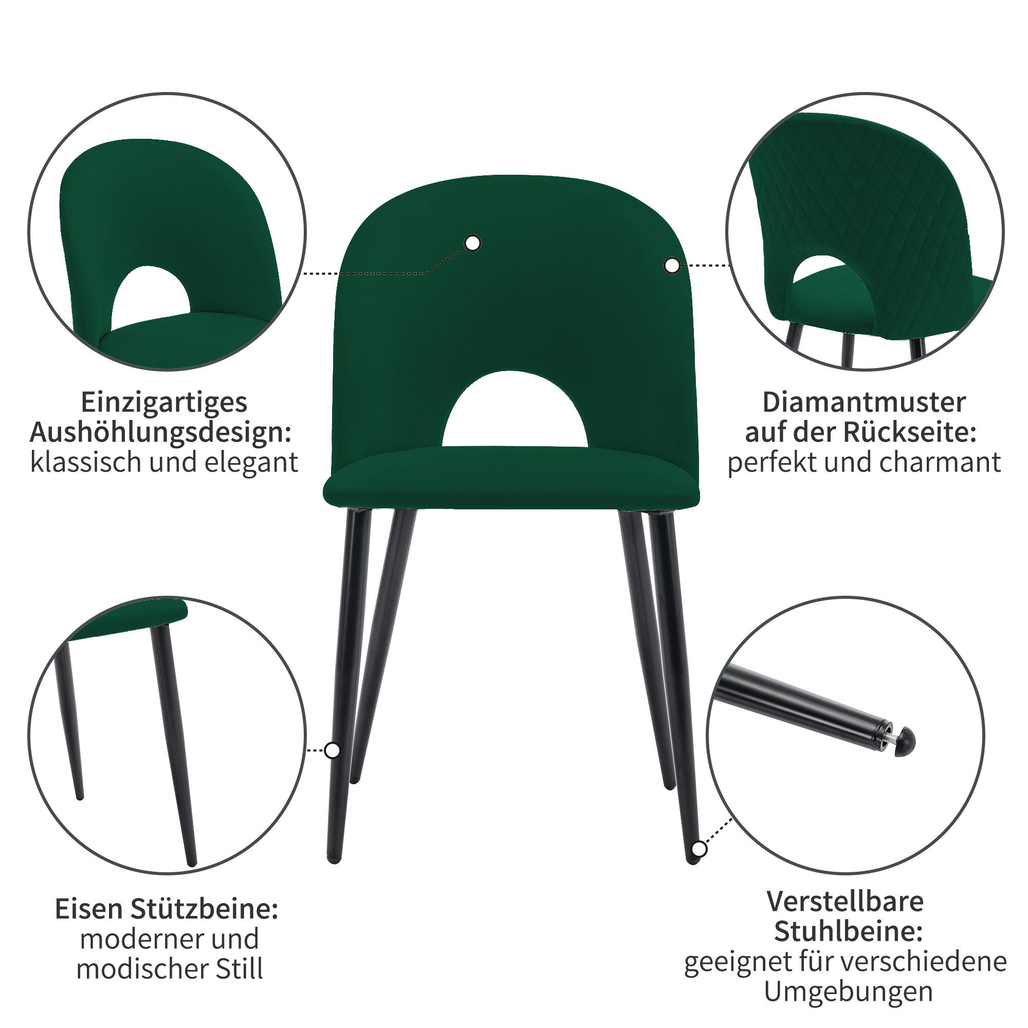 Essgruppe, (117x68 cm Küchentisch mit 4x Polsterstühlen), mit Diamantmuster, Verstellbare Stuhlbeine, Samt Esszimmerstuhl