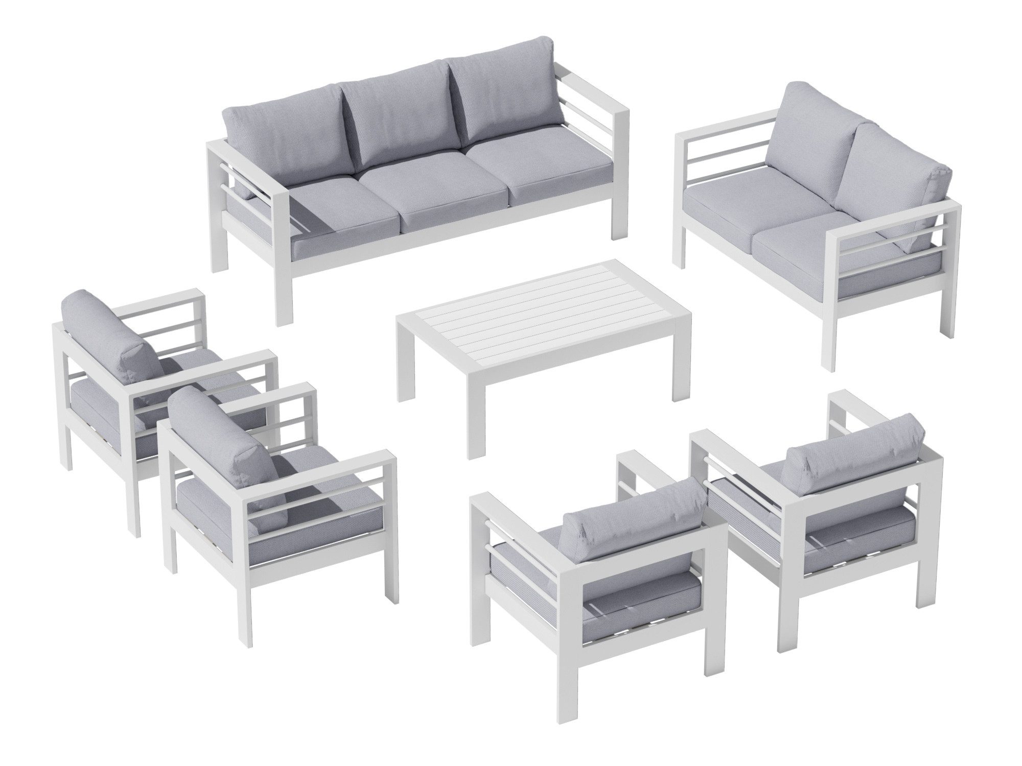 MeXo Gartenlounge-Set Terrassenmöbel Set 8-10 Personen Aluminium outdoor wetterfest, (Belastbarkeit pro Sitzplatz 140kg, 7-tlg., 12cm Deluxe Relax-Sitzkissen), Gartenmöbel Set für Außenbereich, Terrasse, Balkon und Garten