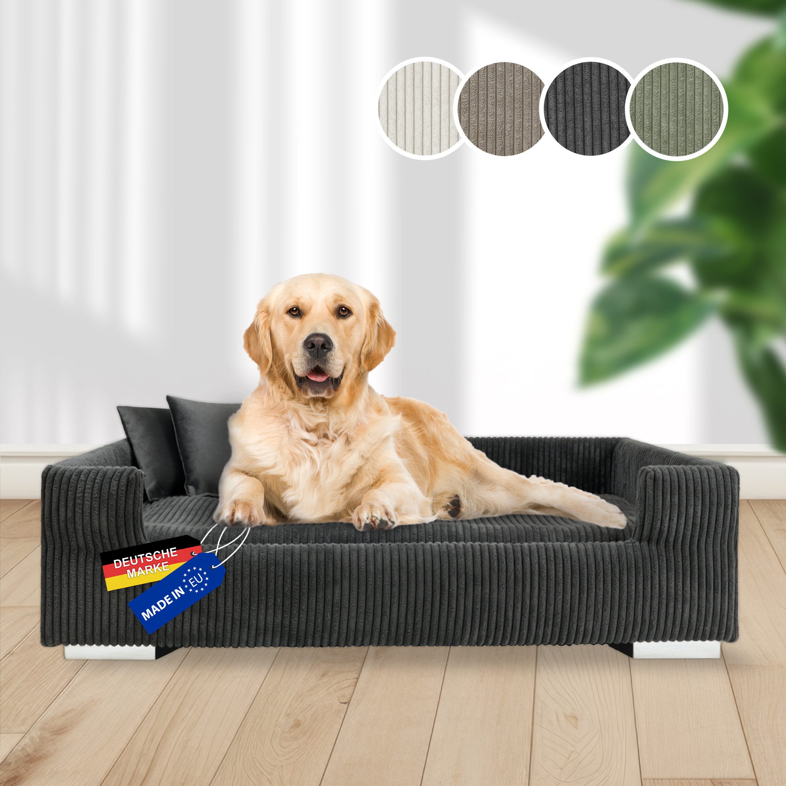Rohrschneider Tiersofa Hundesofa Cord hoher Rand, waschbarer Bezug 4 Farben, robuster Cordstoff aus 100% Polyester, inkl. 2x Dekokissen
