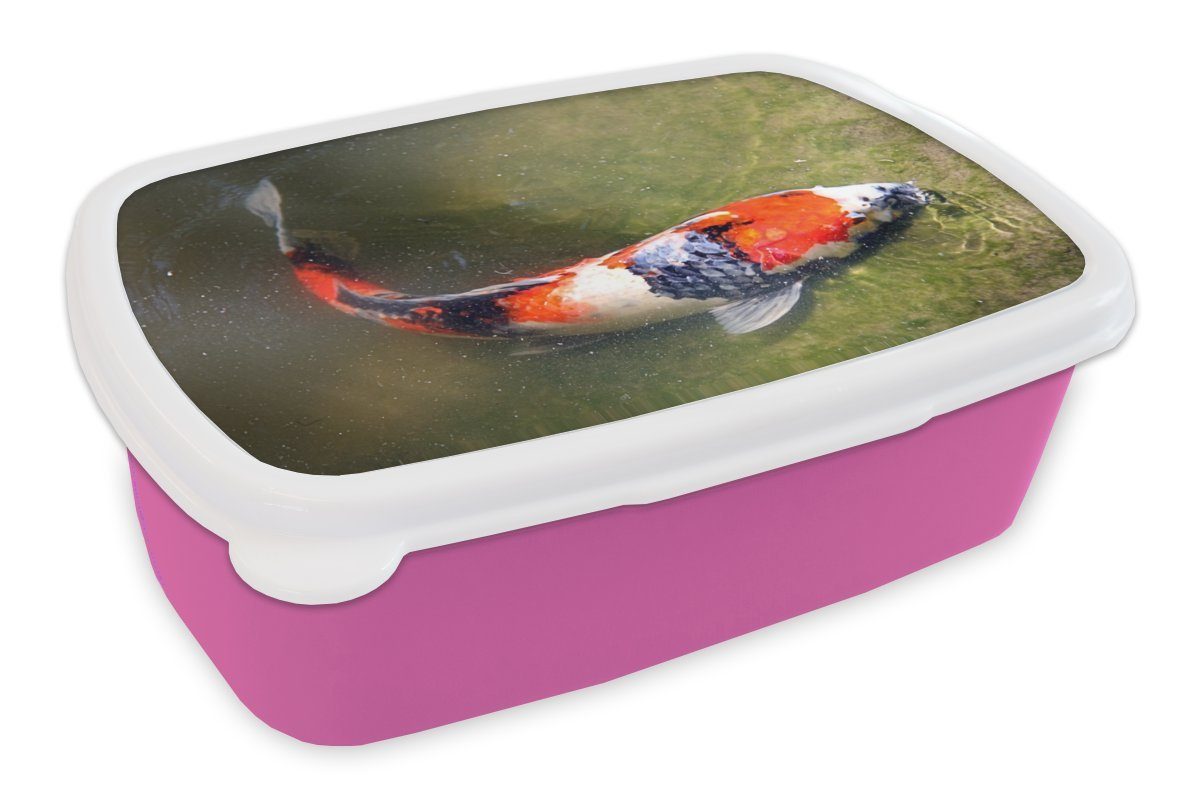 MuchoWow Lunchbox Ein Koi-Karpfen auf dem Grund eines Teiches, Kunststoff, (2-tlg), Brotbox für Erwachsene, Brotdose Kinder, Snackbox, Mädchen, Kunststoff rosa