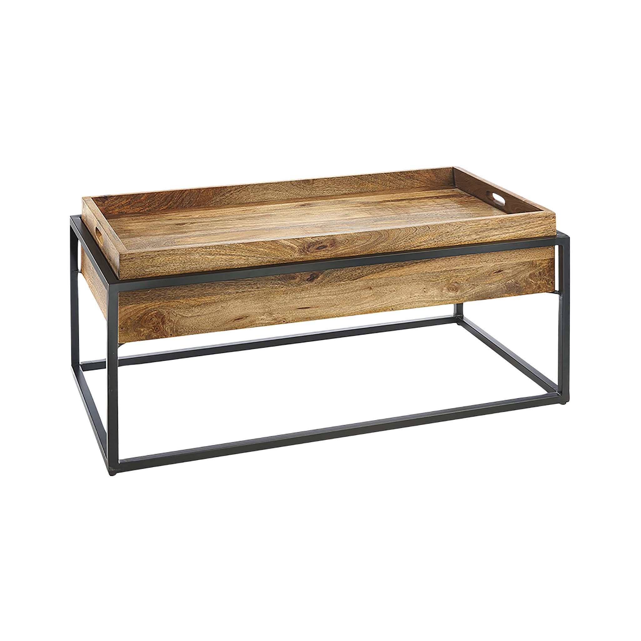 Kobolo Beistelltisch Sofatisch Couchtisch aus Mangoholz Holz und Metall (schwarz und natur, 1-St)