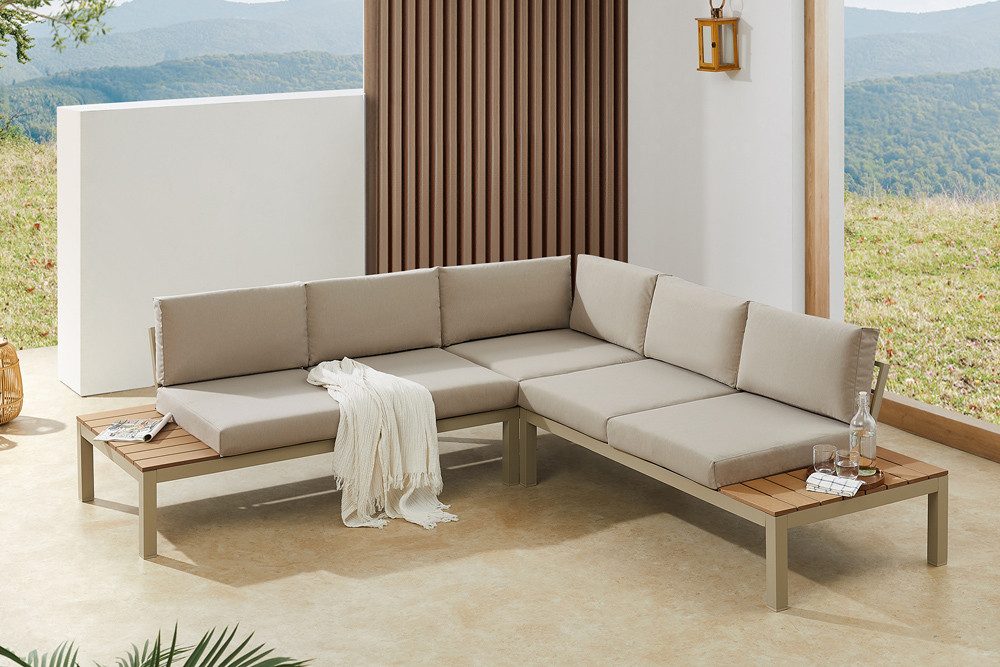 riess-ambiente Sitzgruppe MIAMI LOUNGE 240cm champagner greige · wetterfeste Gartenmöbel, (Einzelartikel, 1-tlg), Aluminium · Outdoor-Loungemöbel für Terrasse & Balkon · inkl. Kissen