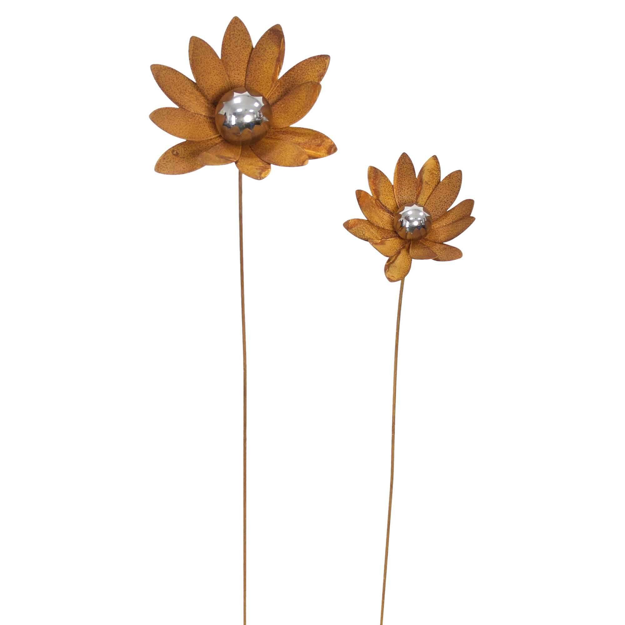 Dekoleidenschaft Gartenstecker "Blume" Metall mit Rost Finish, rostige Outdoor Metalldeko, Rostdeko (2-St., im Set) 85 + 105 cm hoch, Metallstecker, Gartendeko für Draußen
