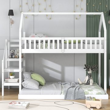 EXTSUD Etagenbett Etagenbett, Hausbett mit Treppe, Kinderbett mit Fallschutz und Gitter