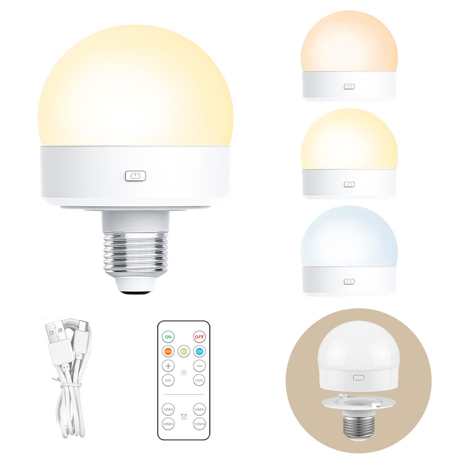 Jibenhome LED Nachtlicht USB Dimmbar LED Glühbirne, Schranklicht E27 Akku Aufladbar Batterie, 3 Farben, Wiederaufladbare mit Fernbedienung & Timing