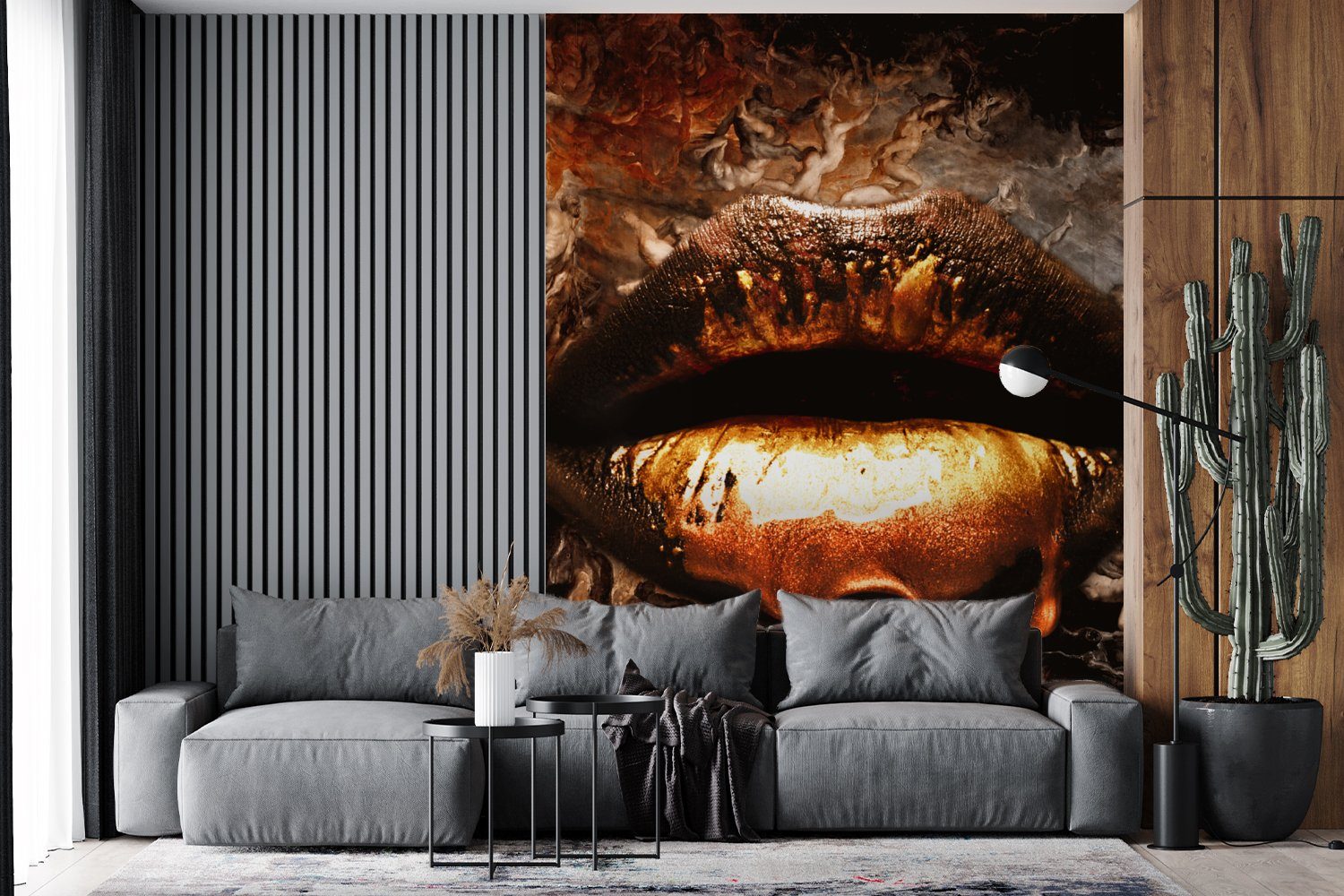 Gold Matt, - Kunst Montagefertig Lippen St), bedruckt, (4 - - Wohnzimmer, Abstrakt, Tapete Vinyl Wandtapete Luxus Fototapete MuchoWow - Gold für -