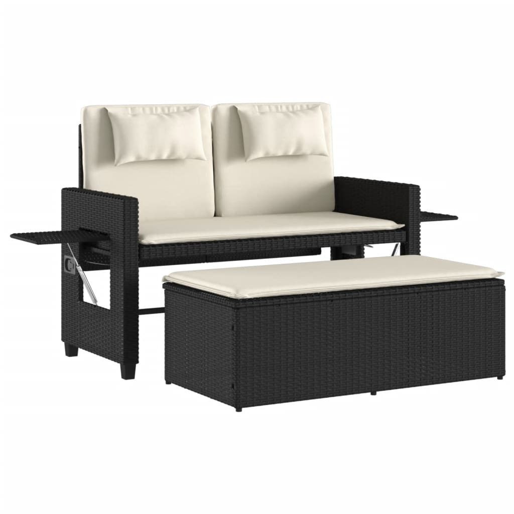 vidaXL Gartenbank Gartenbank Verstellbar mit Kissen Schwarz Polyrattan