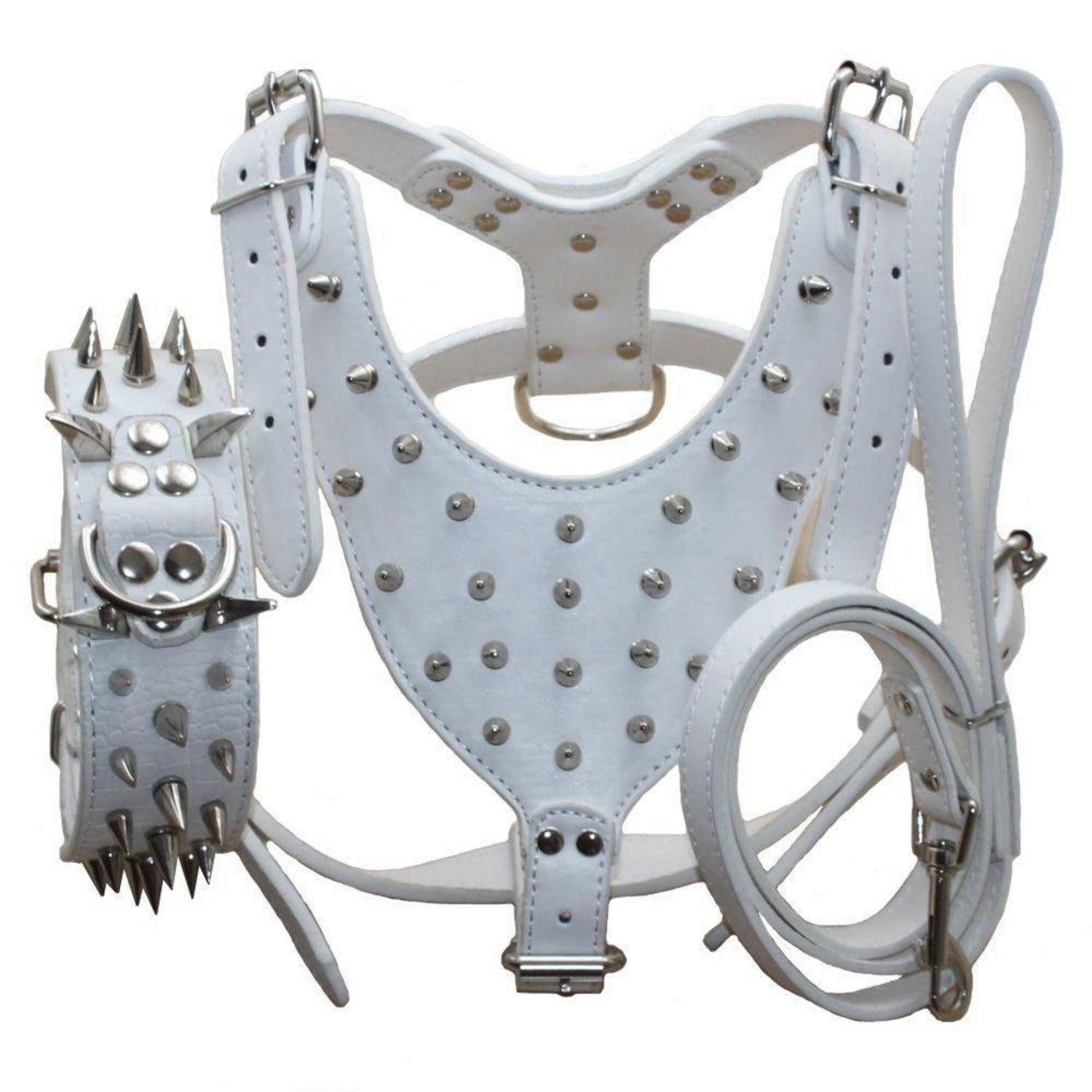 LuxusKollektion Hunde-Halsband Hundehalsband/Geschirr/Leine Set Nieten Weiß S, Kunststoff