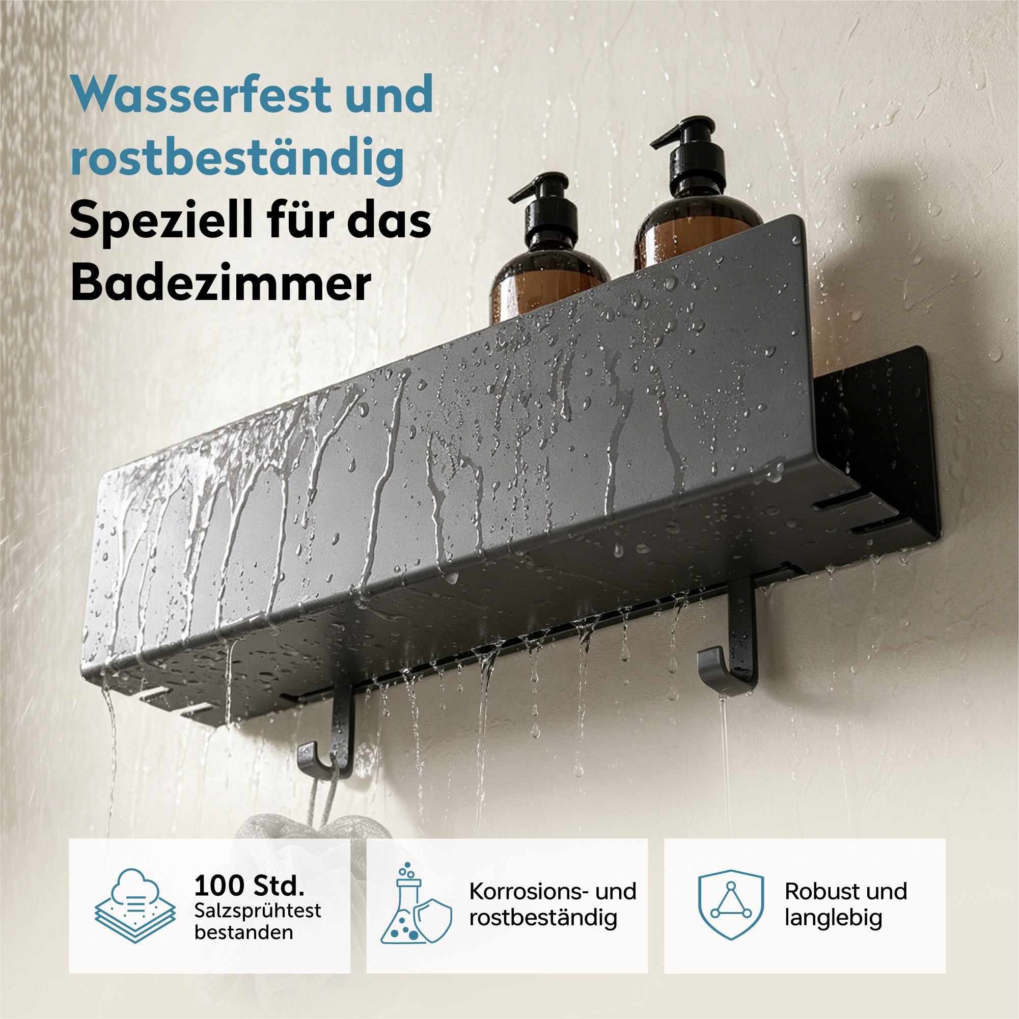 doporro Duschablage Duschregal Wandregal 40cm mit 2 Haken aus Carbonstahl Reglo-18, Offene Drainagestruktur,erhöhter Schutzrand,2 abnehmbare Haken – Bild 5 von 5