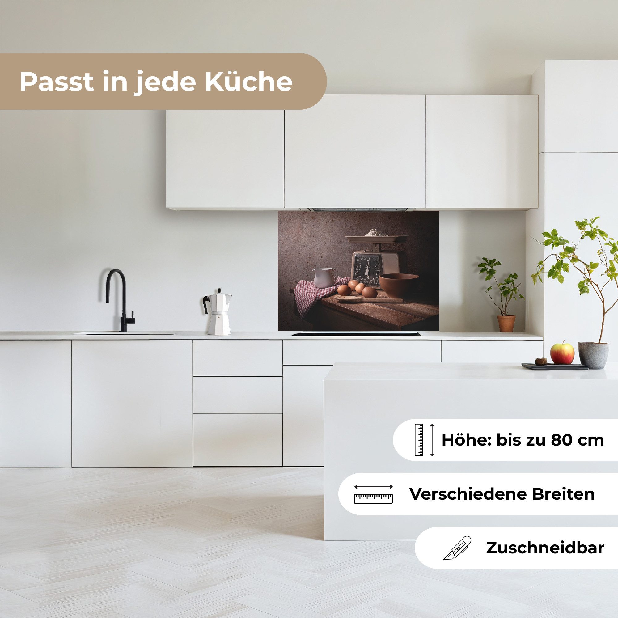 KitchenYeah Küchenrückwand selbstklebend Stilleben - Kochen - Waage - Eier - Küche, (1-tlg), Spritzschutz, Küche, Rückwand, Küchenwand, Küchenfront, 80x60 cm