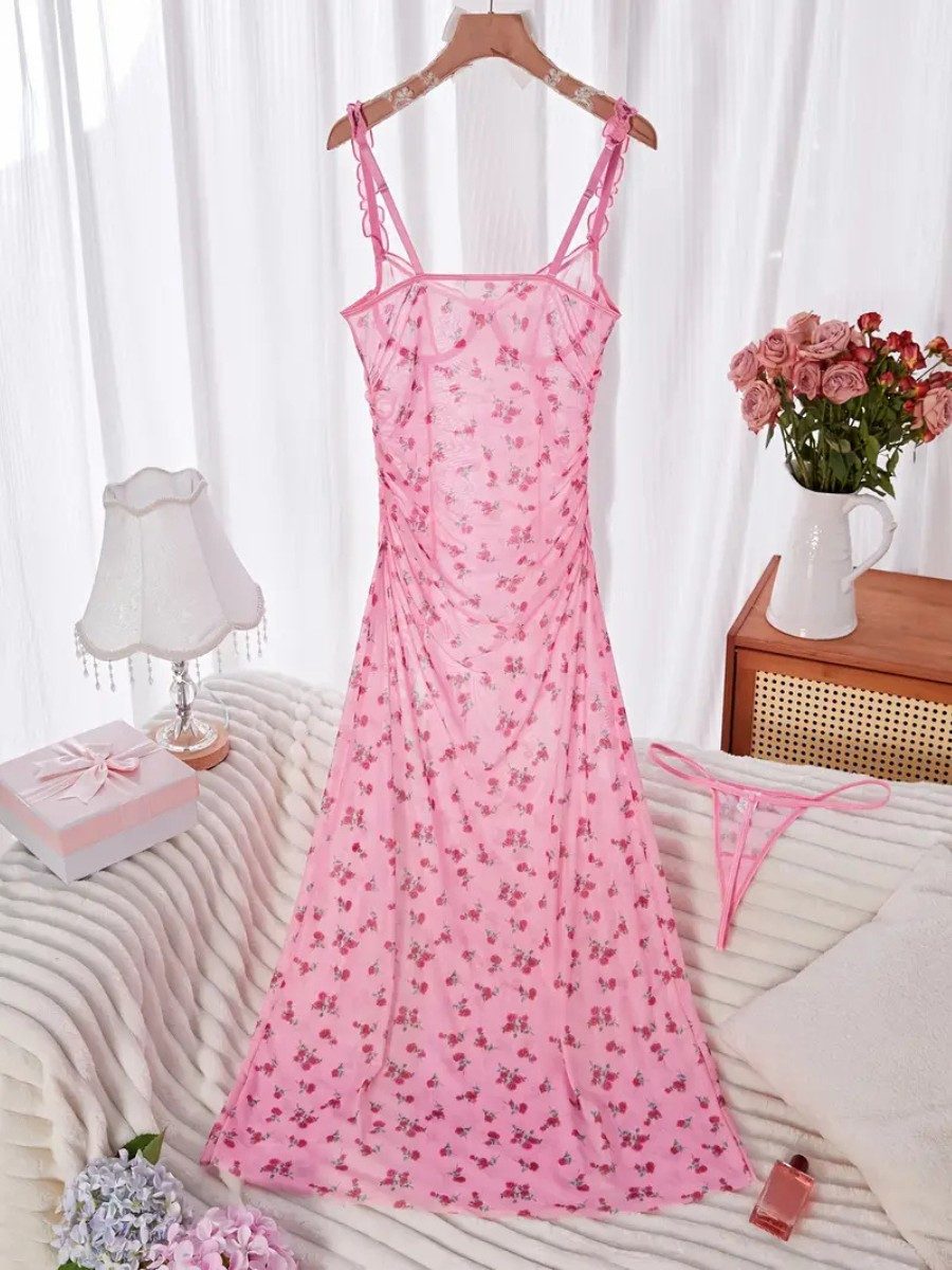 Druckkleid Transparente Loungewear mit Rosenmuster, Maxikleid mit Schlitz