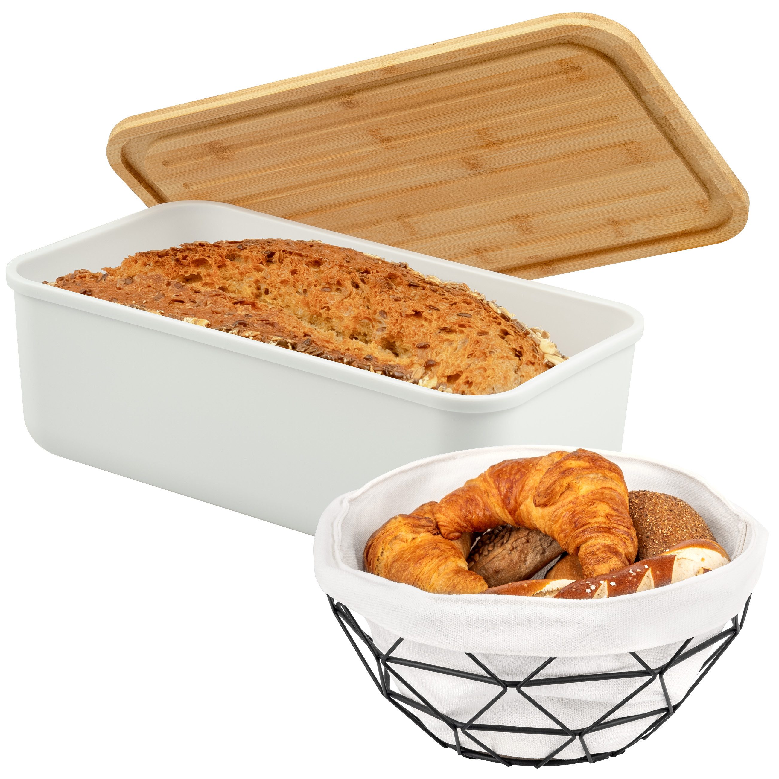 eluno Brotkasten 2tlg. Brotaufbewahrungs-Set (Kunststoff/Metall, weiß)