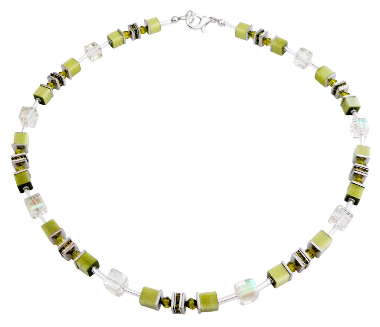 Collier 542c Collier Halskette Würfel Cat Eye Kristallglas oliv grün Strass