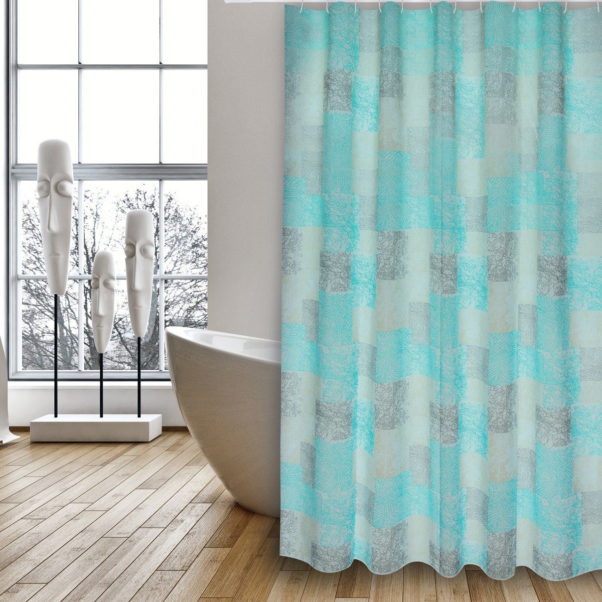 MSV Duschvorhang Cotexsa HUELLAS Breite 180 cm, Textil-Duschvorhang, Made in Spain, 100% Polyester, wasserundurchlässig, Anti-Schimmel-Effekt, Anti-Bakteriell beschichtet, waschbar 30°, 180 x 200 cm, Farbe blau türkis