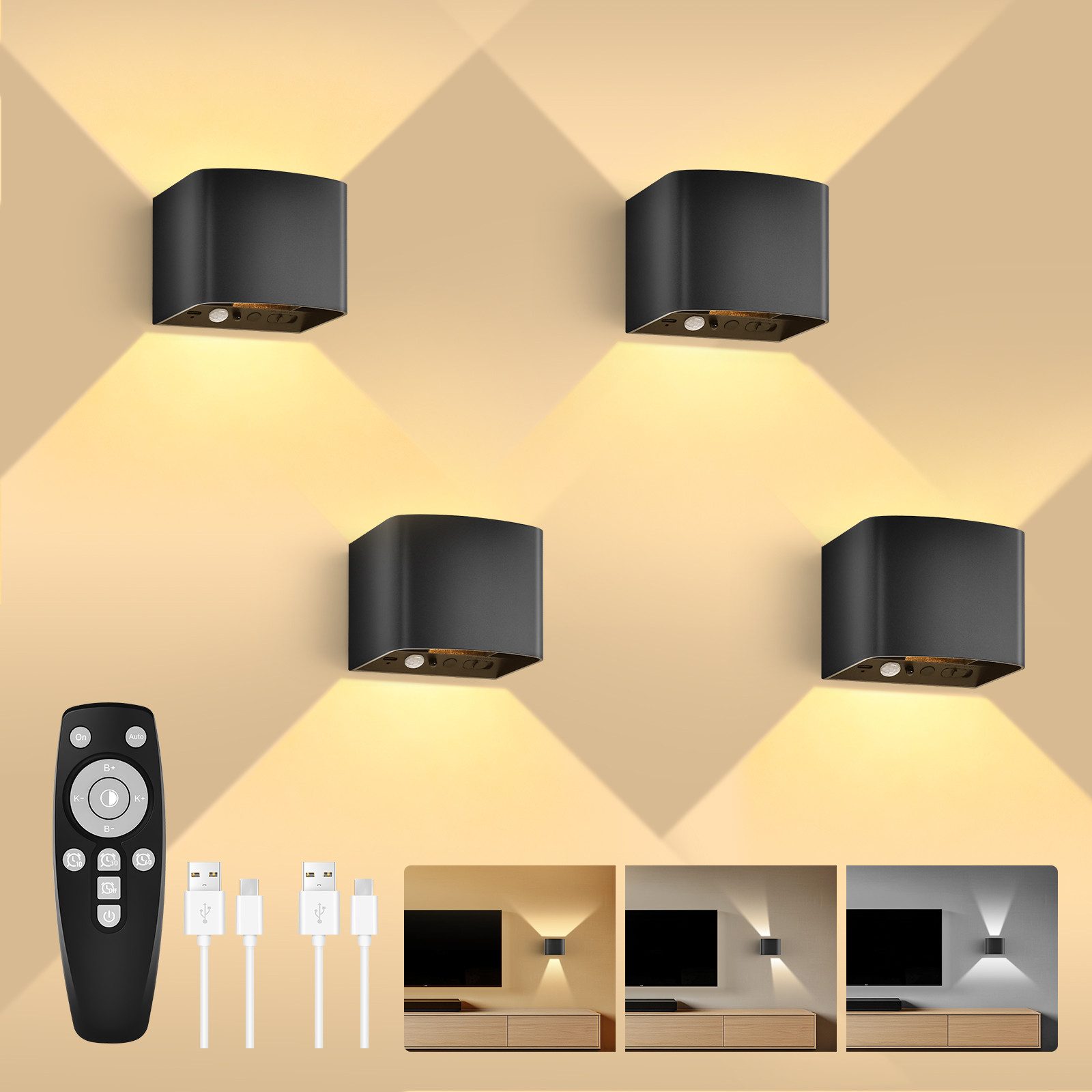 GeyouLux Wandleuchte 5000mAh Aufladbare Wandleuchte Innen, Fernbedienung & Dimmbar, LED-Lampen, LED Wandlampe mit Bewegungsmelder, 4 Stück