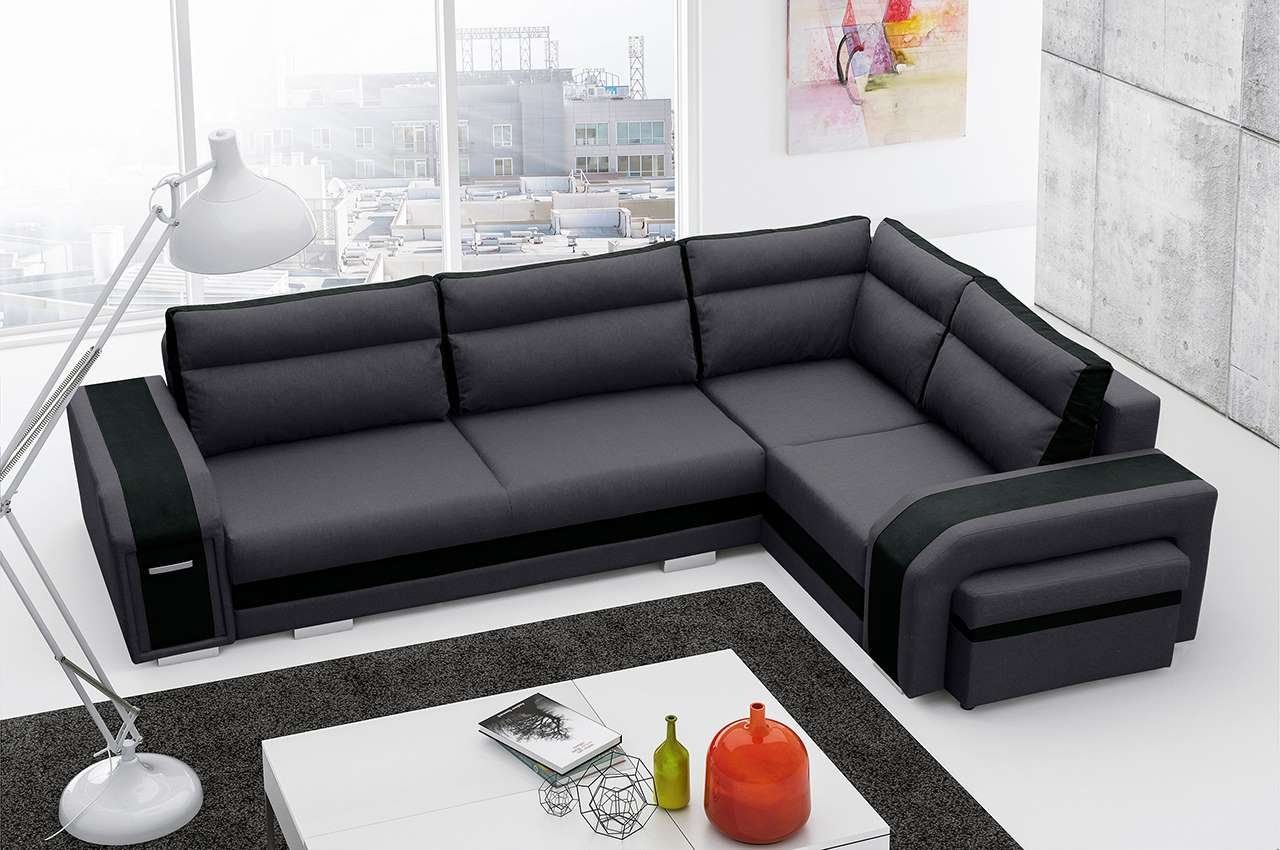 MKS MÖBEL Ecksofa NASSAN, mit Hocker und Minibar - L-Form Couch mit Schlaffunktion Dunkelgrau-schwarz Inari