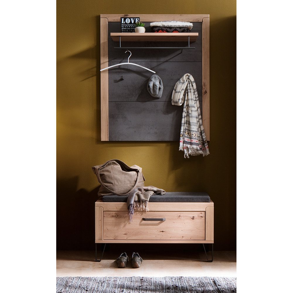 Lomadox Garderoben-Set IOLA-05, (Spar-Set, 2-St., Garderobenbank Garderobenpaneel), in Eiche, grau Flurgarderobe Garderobenmöbel modern