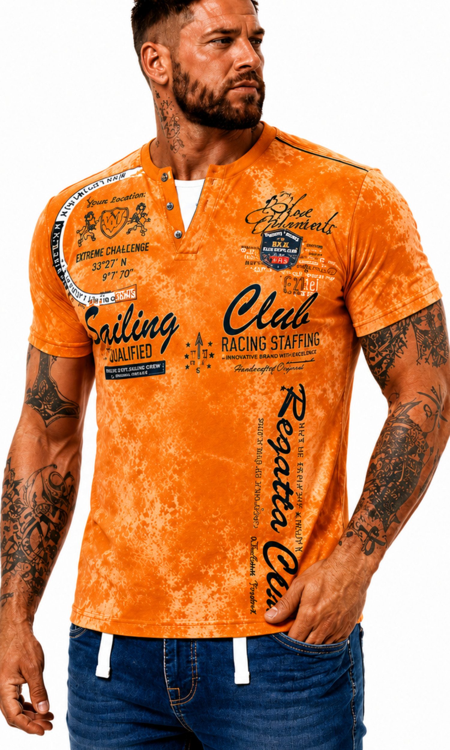 L.gonline Kurzarmshirt Herren T-Shirt, Sommershirt, Batik Optik, 2879 Orange 4XL (Shirt Kurzarmshirt Tee, 1-tlg) Fitness Freizeit Casual
