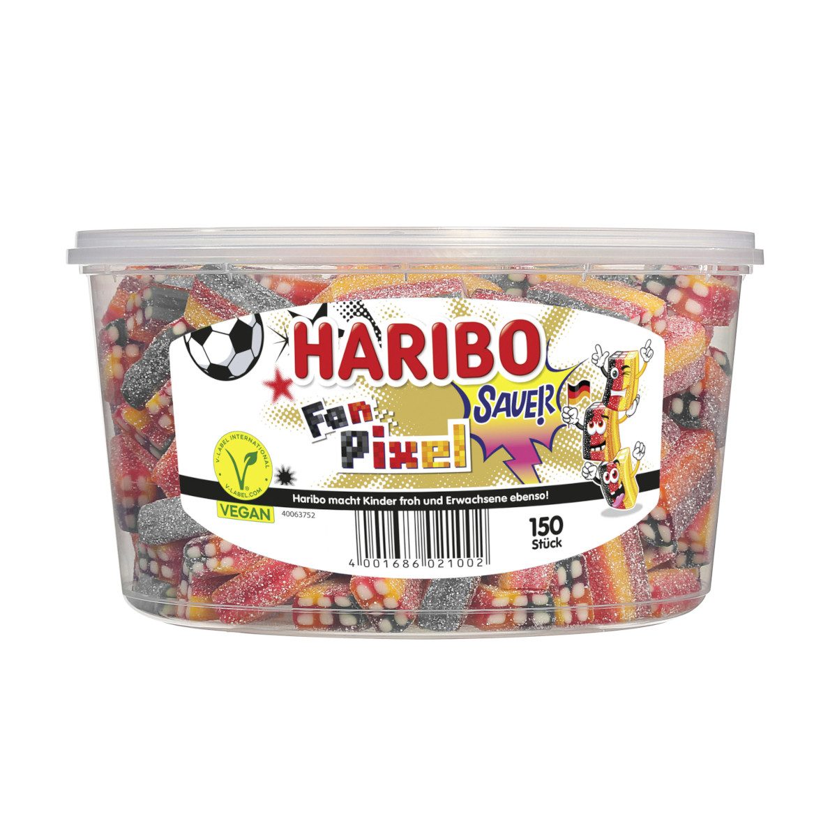 HARIBO Süßigkeit, Haribo Fan Pixel schwarz rot gold sauer 150 Stück Packung 1200g