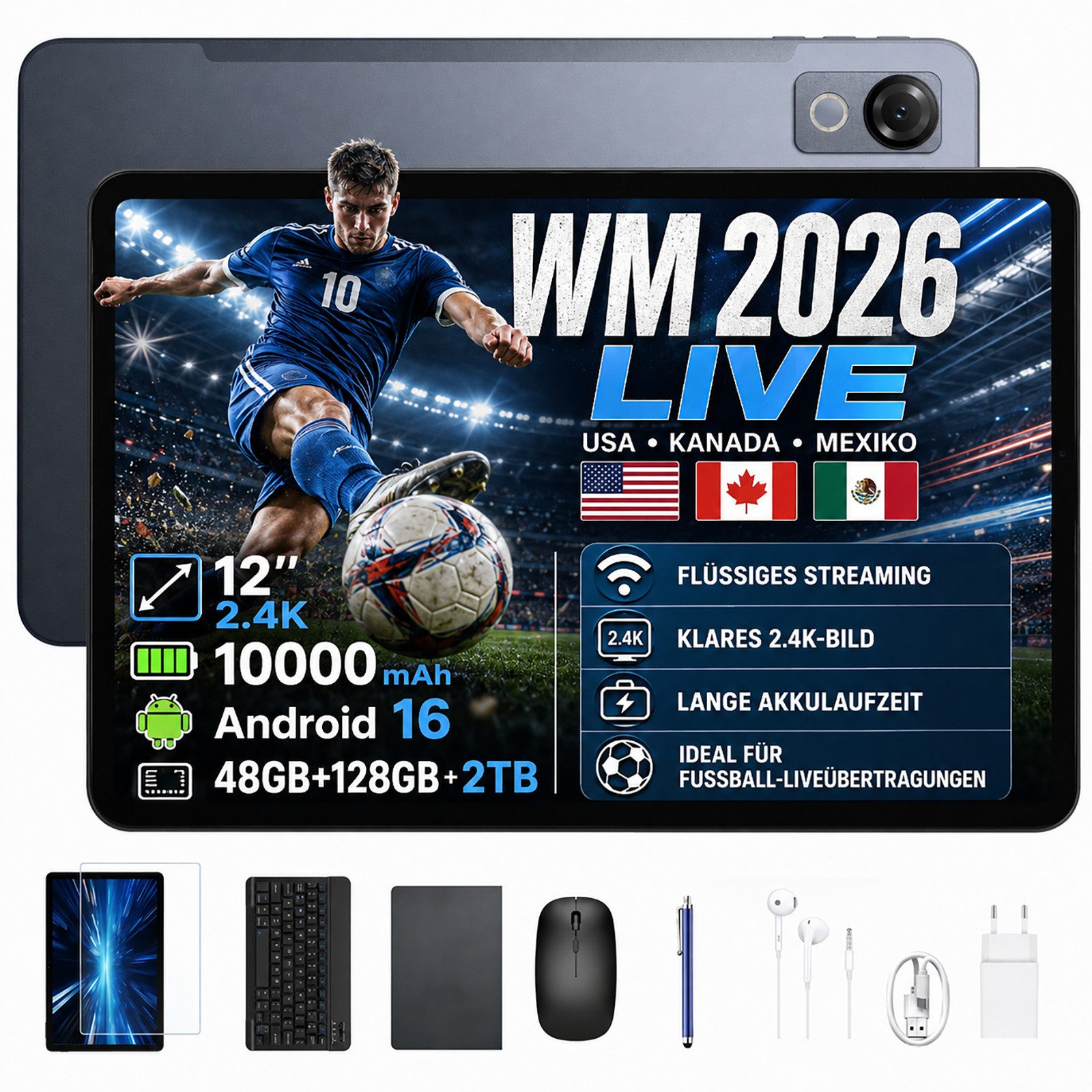 Aorlym 2026 Tablet Aorlym AP12 8/128GB Android16 12zoll mit tastatur und maus Tablet (12", 128 GB, Android 16, WiFi, 48GB RAM(8+ 40GB erweitert)+128GB ROM, Gemini AI, 5G WiFi, Face ID/GPS)