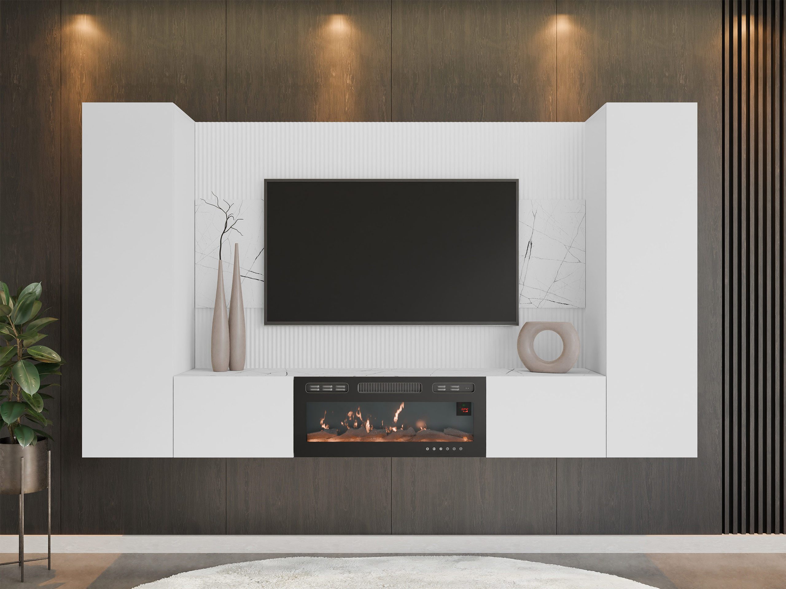 MIRJAN24 Wohnwand Deromi V mit Kamin, (4er-Set, TV-Lowboard mit Wandpaneel, 2x Hängeschrank), Realistische LED-Flamme, Push to open