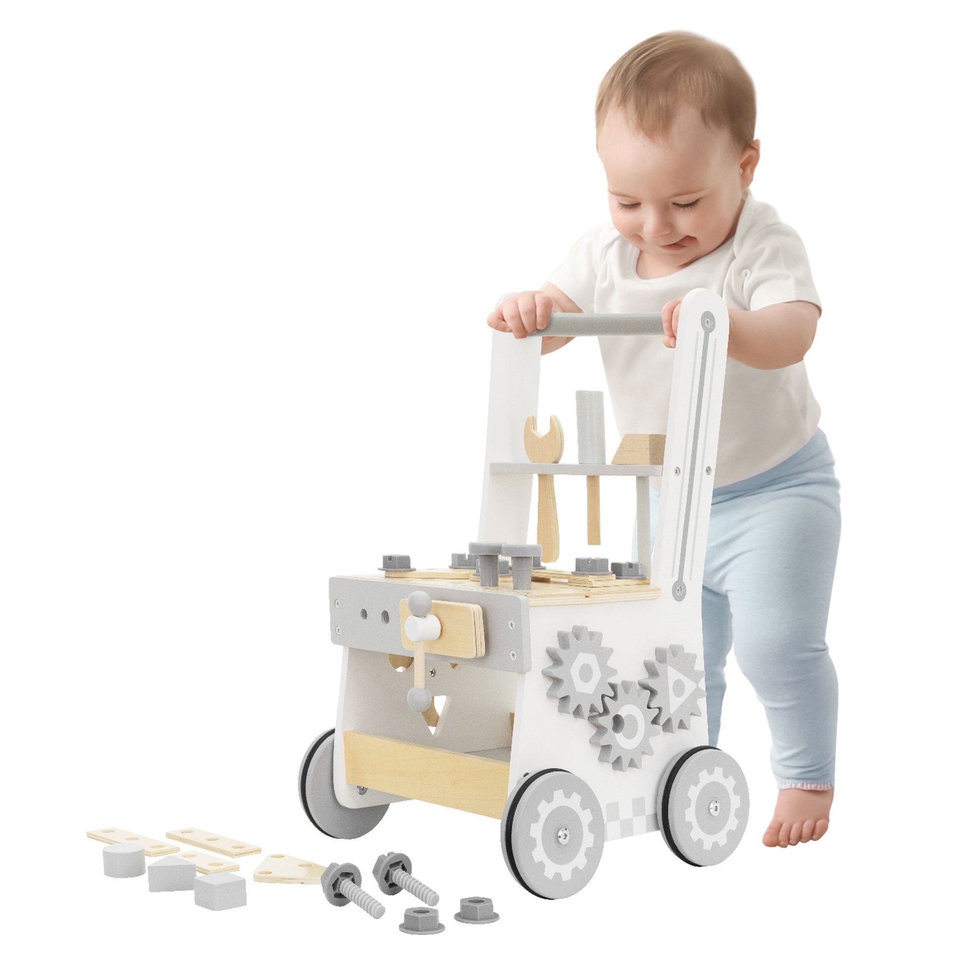 Kinder Walker 1 Holz Gehhilfe Grau für Gummibereifung Montessori-Holzspielzeug, Gehfrei Baby Joyz Walker Baby Lauflernhilfe Jahr ab Lauflernwagen mit