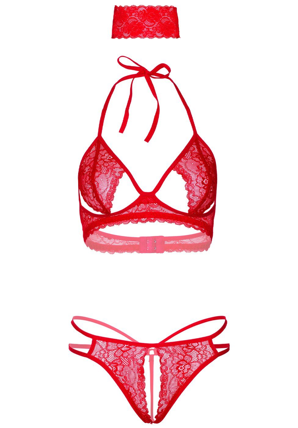 Daring Intimates Set: Bügelloser BH Dessous Set: BH, String und Augenbinde - rot