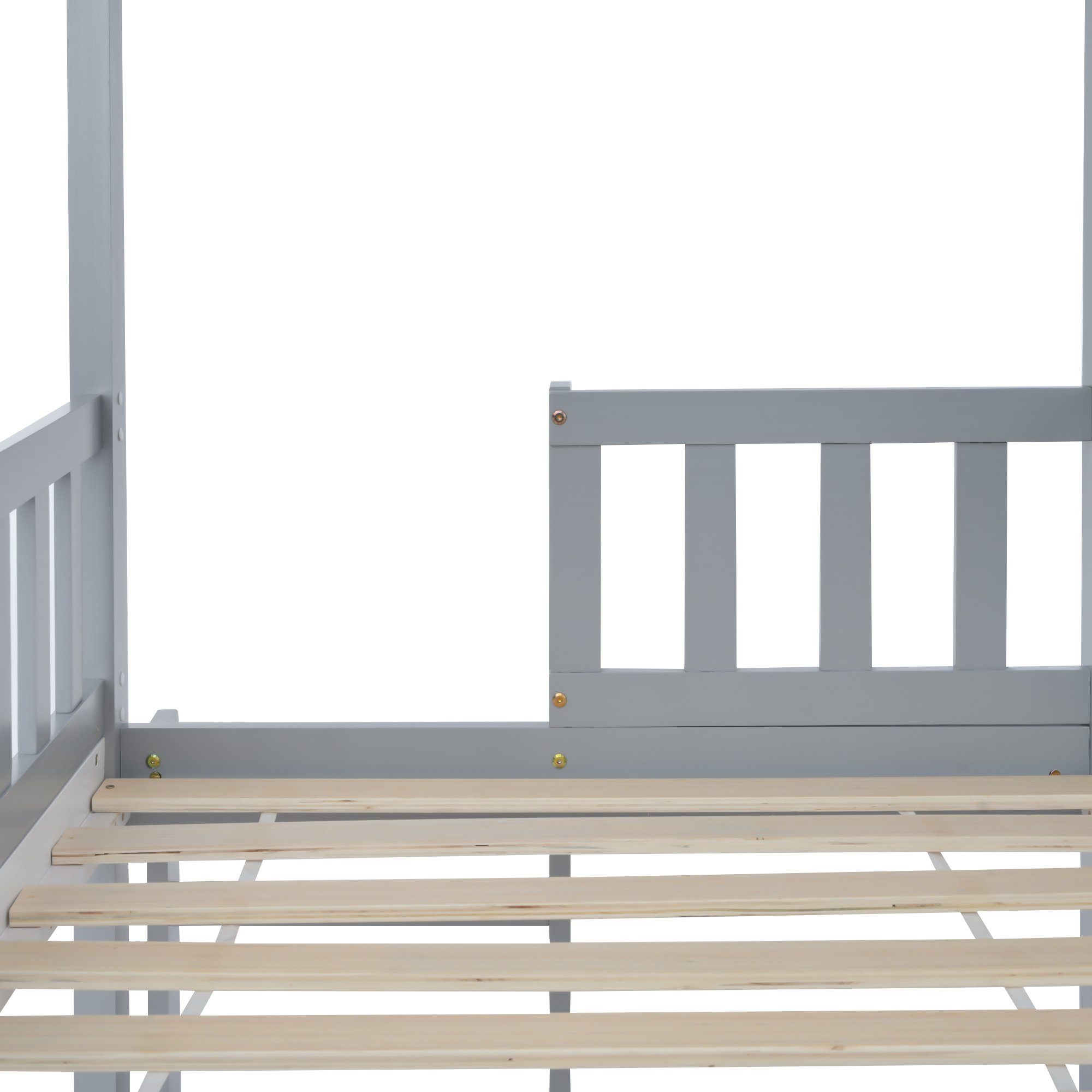 Rahmen OKWISH rechtwinkliger Barriere, mit Matratze), Bett Hausbett, aus Etagenbett Kinderbett, (90x200cm), Kiefernholz Fallschutz grau Ohne Etagenbett und Leiter, mit