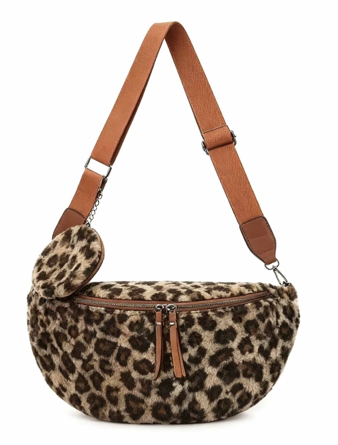 ITALYSHOP24 Bauchtasche Damen LEOPARDEN-PRINT Tasche Teddyfell Plüsch Hüfttasche LEO Crossbag, PELZTASCHE Schultertasche CrossBody Teddytasche Plüsch Felltasche
