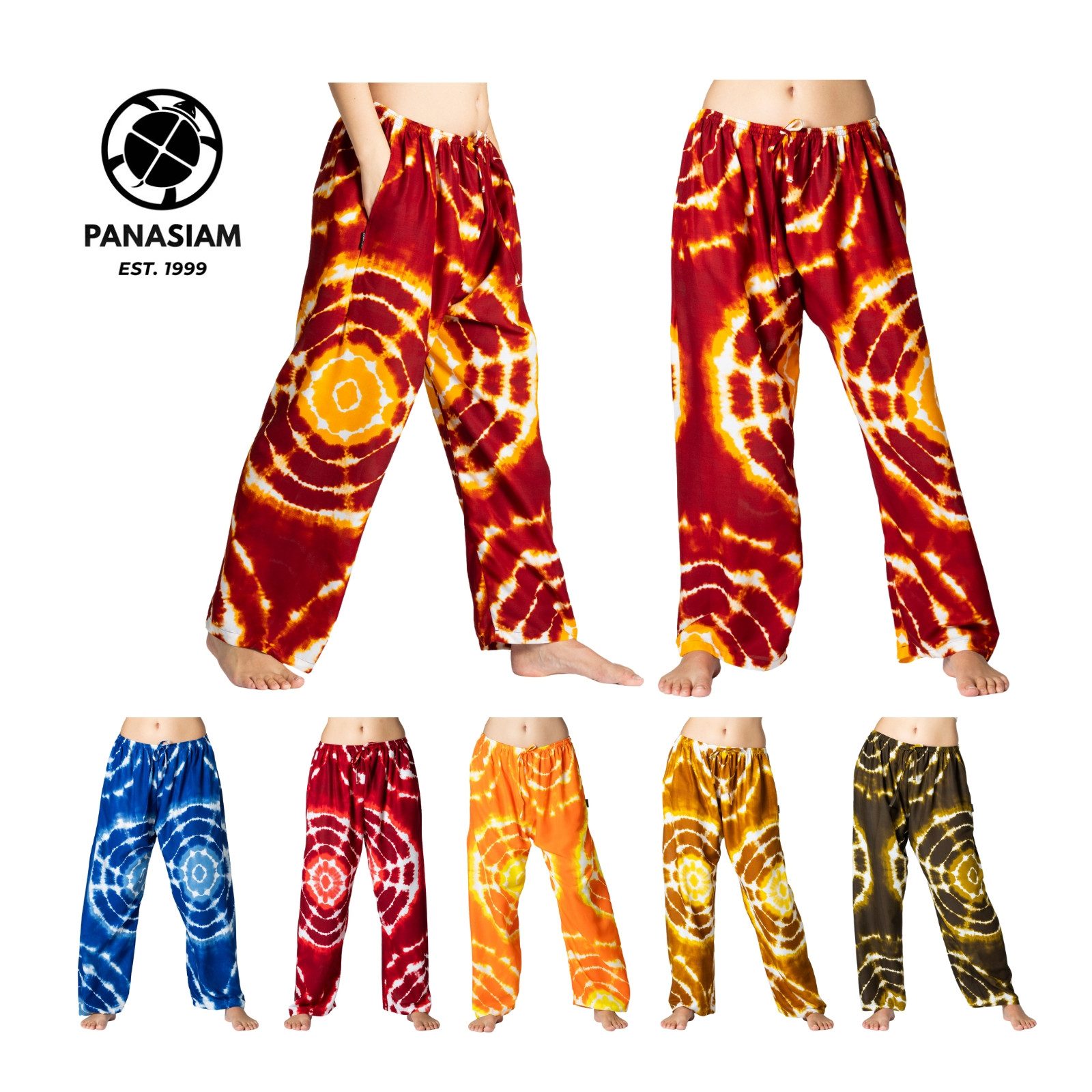 PANASIAM Loungehose Tie-Dye Relaxhose aus 100% Viskose Boho Haremshose für Urlaub Freizeit Unisex Muckhose Wellnesshose Spa Hose für Yoga Sommerhose Schlupfhose