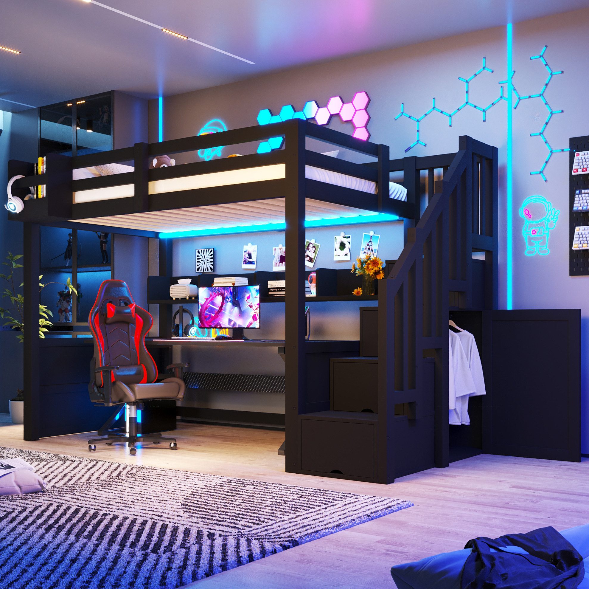 REDOM Hochbett Kinder Schlafbett mit Aufstiegstreppe und LED Beleuchtung (Packung, 1-St., 90x200 Etagenbett Schwarz Holz mit Schrank Stauraum ohne Matratze) Multifunktionales Bettmöbel mit praktischem Stauraumkonzept