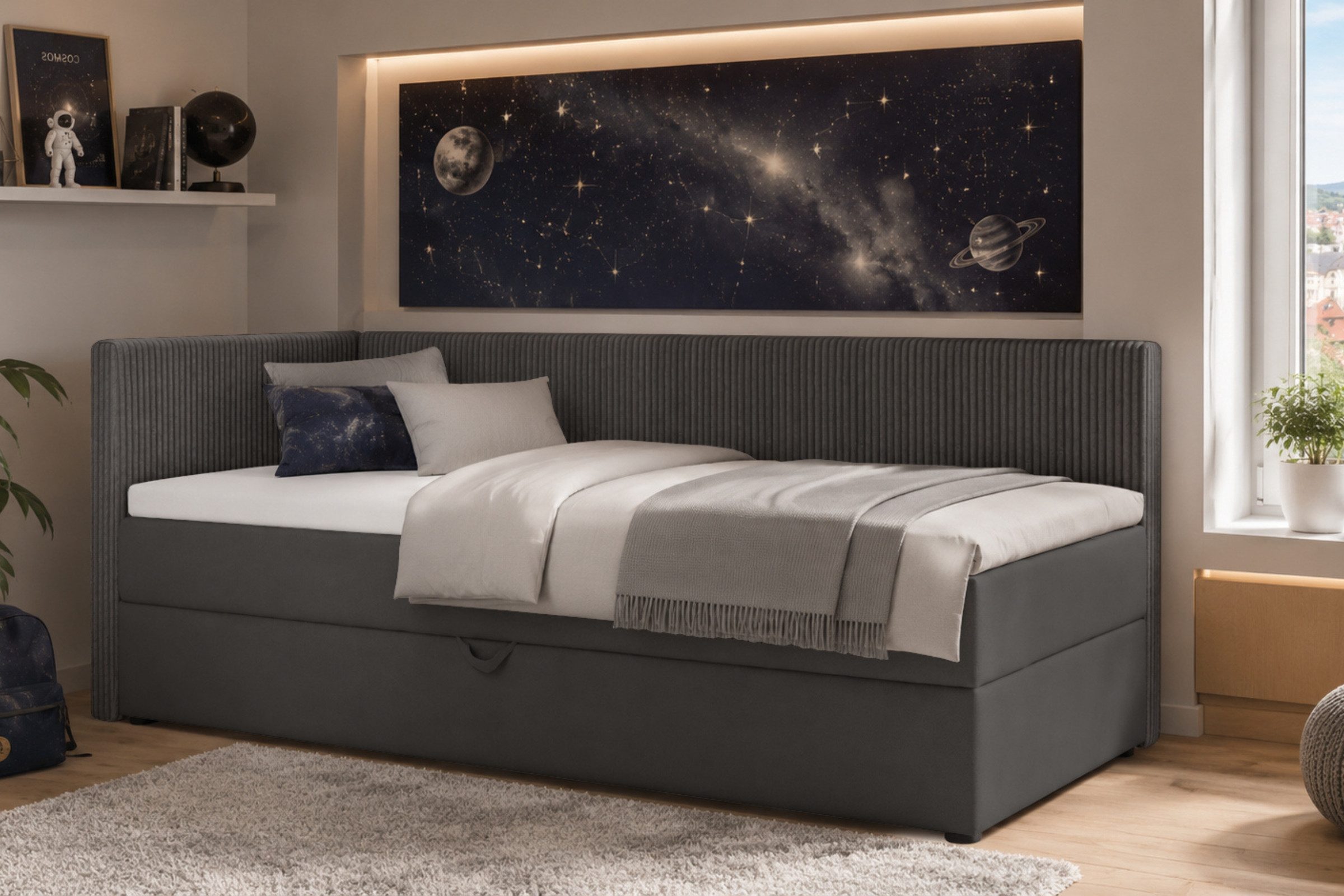 Deine Möbel 24 Boxspringbett RICO Boxbett mit Bettkasten, Tagesbett mit Schlaffunktion (ideal für Jugendliche & Erwachsene, 1-St., Modernes 2-in-1 Design Schlafsofa & Bett), 90x200 100x200 Schwarz Grau Rosa Beige Ecru Anthrazit Cord Velour
