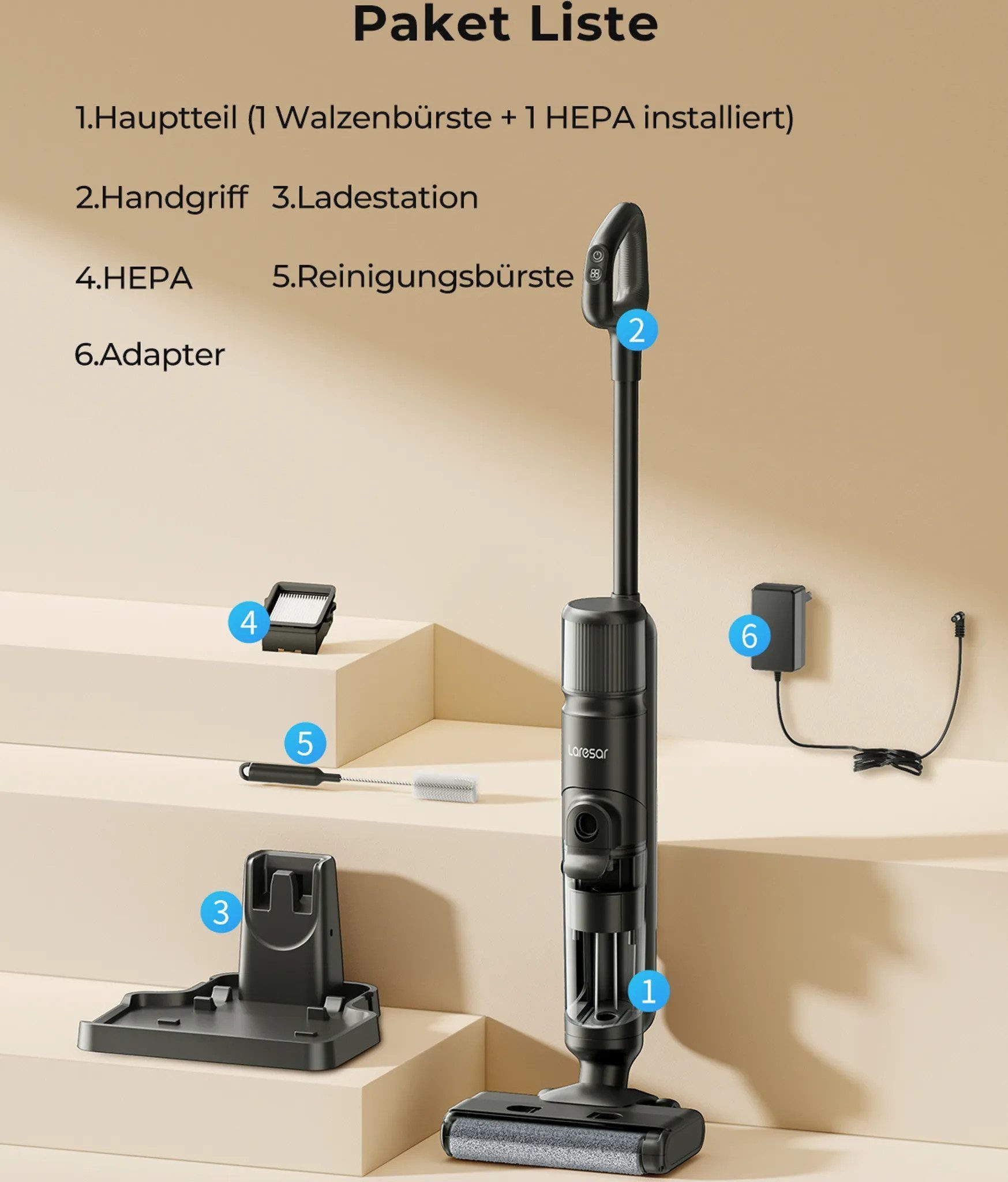 Laresar Stielstaubsauger M3, beutellos, Smart-Sensor, 3 Modi & Nass-/Trockenreinigung in einem Gerät