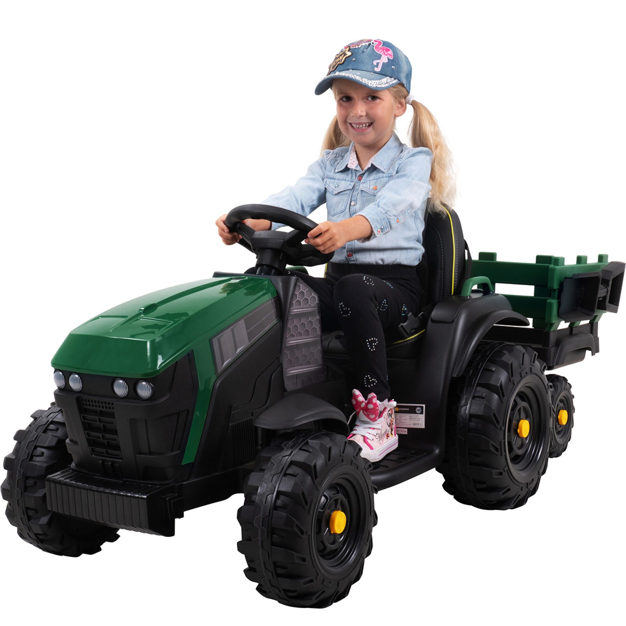 Actionbikes Motors Elektro-Kindertraktor Kinder Traktor mit Anhänger Elektro Fahrzeug, Belastbarkeit 28 kg, (2-tlg), inkl. Fernbedienung - Softstart - Gurt - 2x 12 V Motor