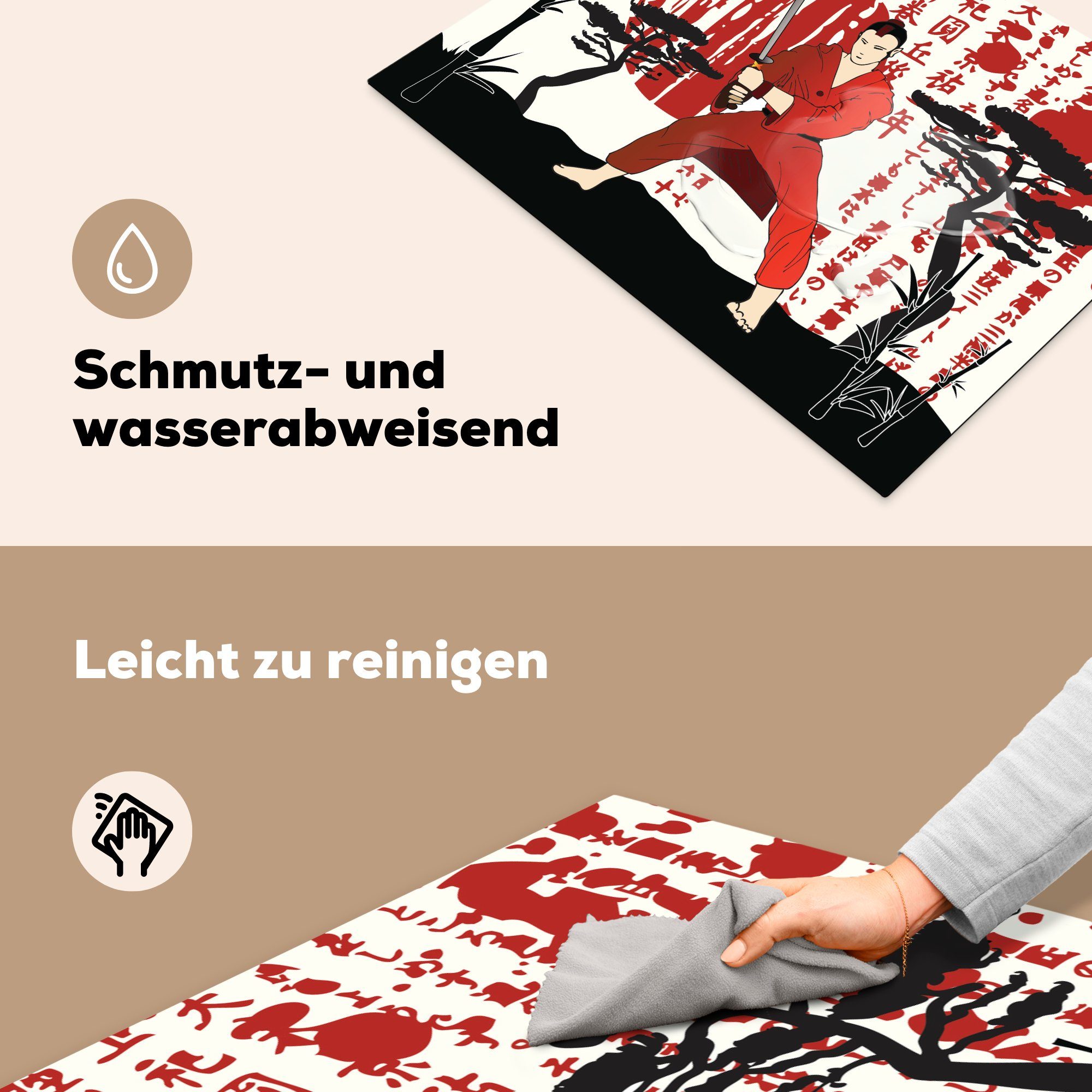 Arbeitsfläche MuchoWow Samurai, Vinyl, (1 tlg), Eine nutzbar, des Herdblende-/Abdeckplatte cm, Illustration Mobile Ceranfeldabdeckung 70x52 abstrakte