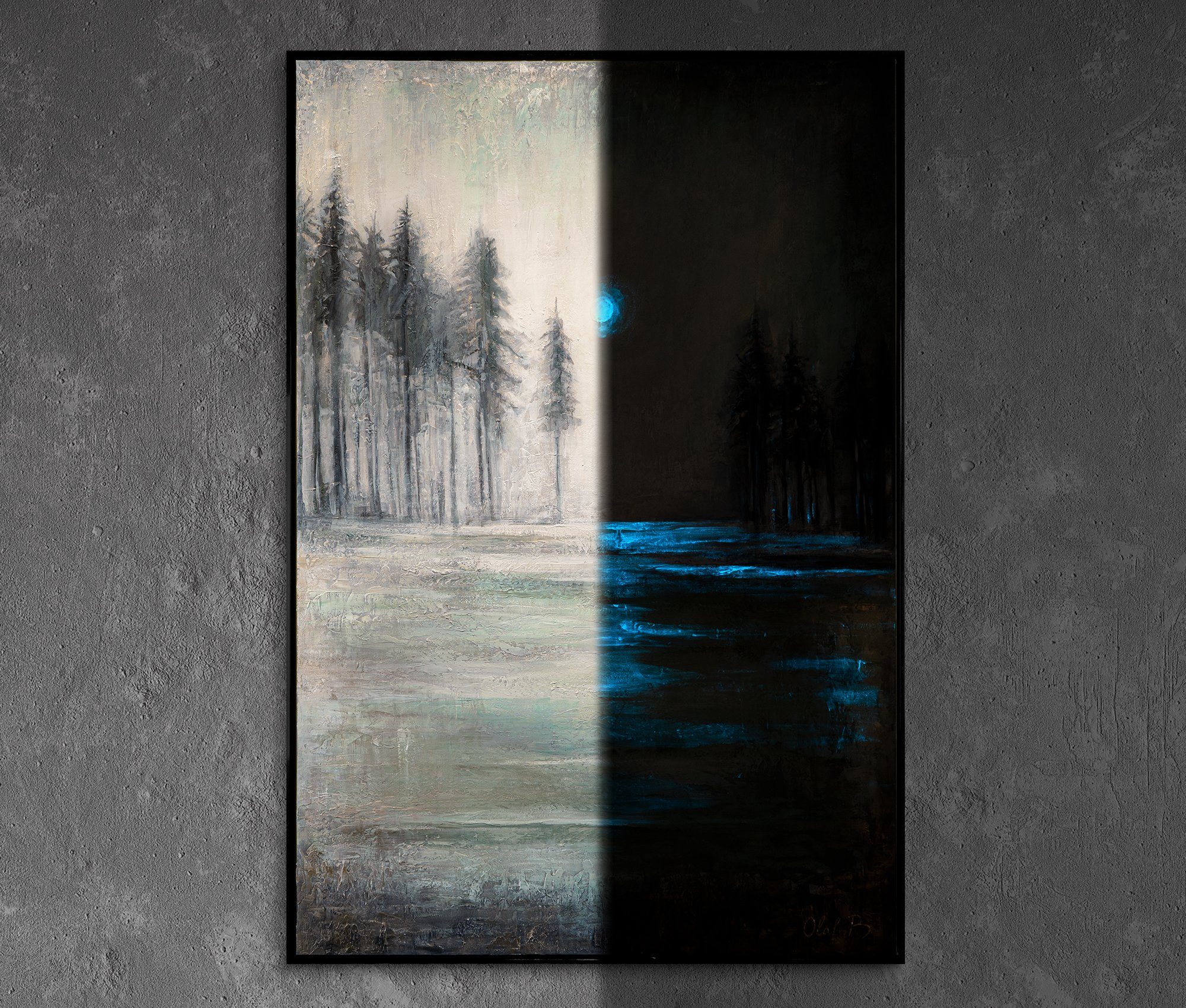 YS-Art Gemälde «Heilender Wald», Landschaft Mit Rahmen in Schwarz