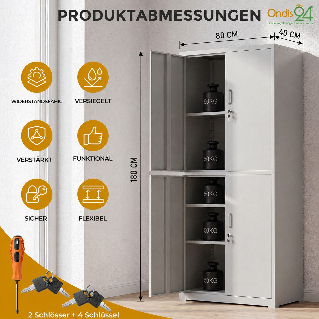 ONDIS24 Aktenschrank Stahlschrank Frank Büroschrank, Werkzeugschrank 180cm inkl. Handschuhe, Schraubendreher & Schlüssel