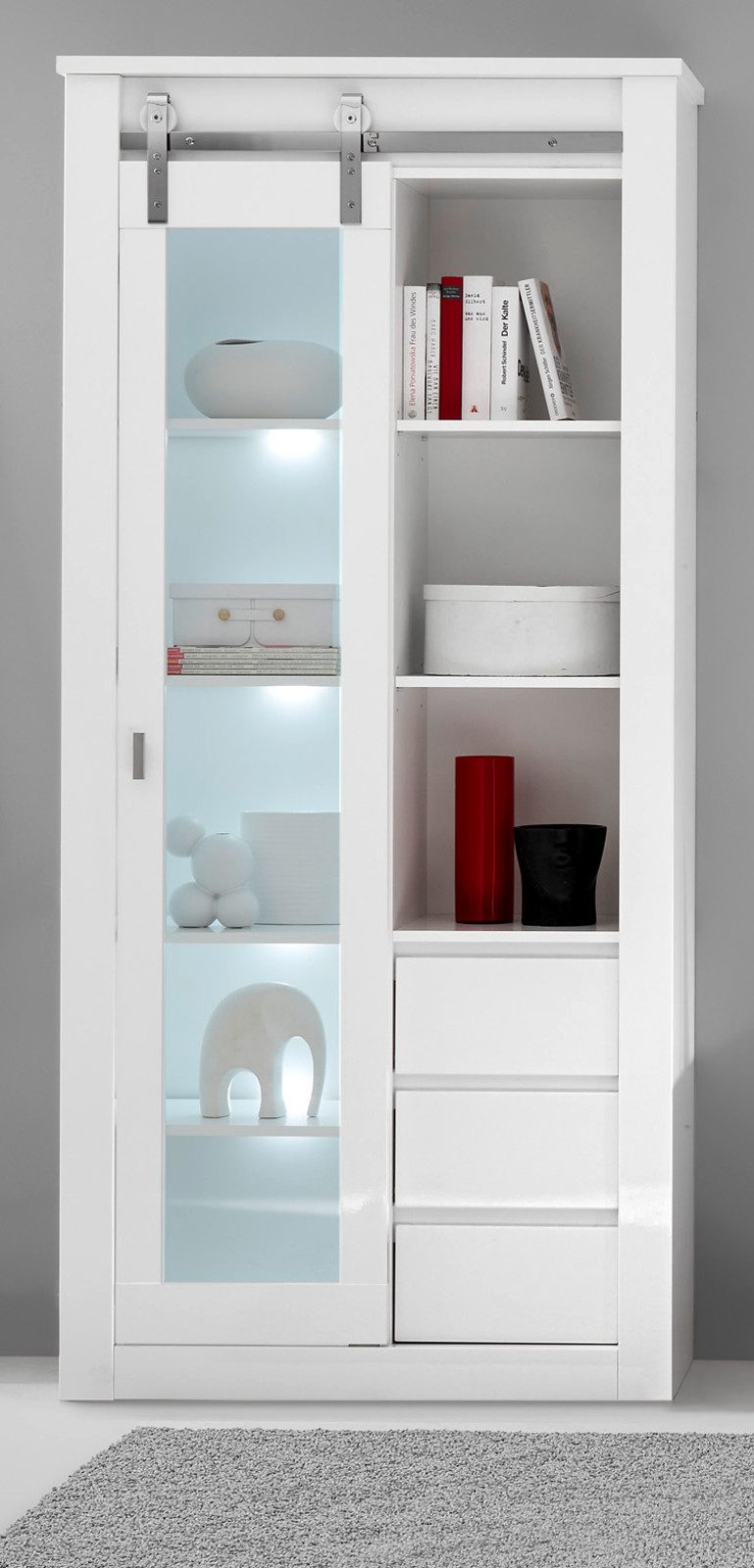 Furn.Design Vitrine Miami (Vitrinenschrank in Weiß Hochglanz mit Chrom, 93 x 201 cm) mit Schiebetür, Soft-Close-Funktion
