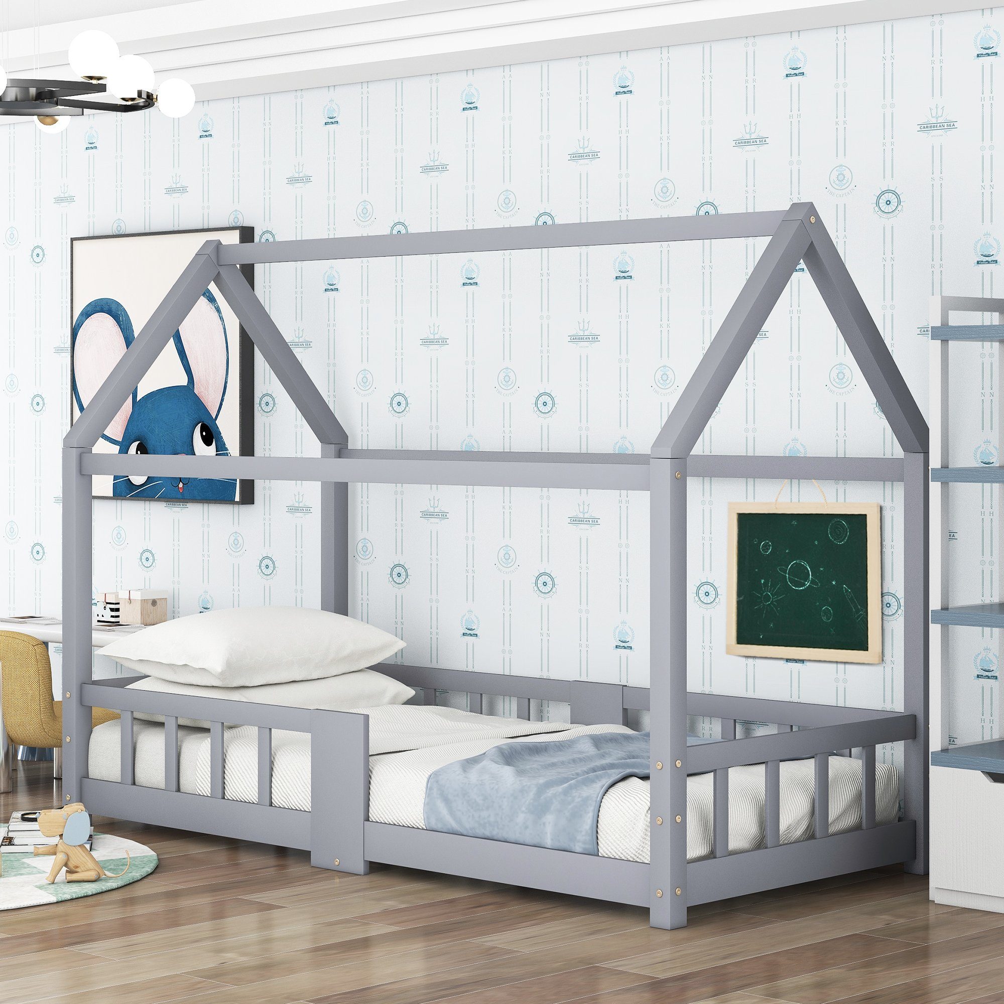 Holz Merax Kinderbett, mit Rausfallschutz, mit Grau Hausbett Einzelbett 90x200cm