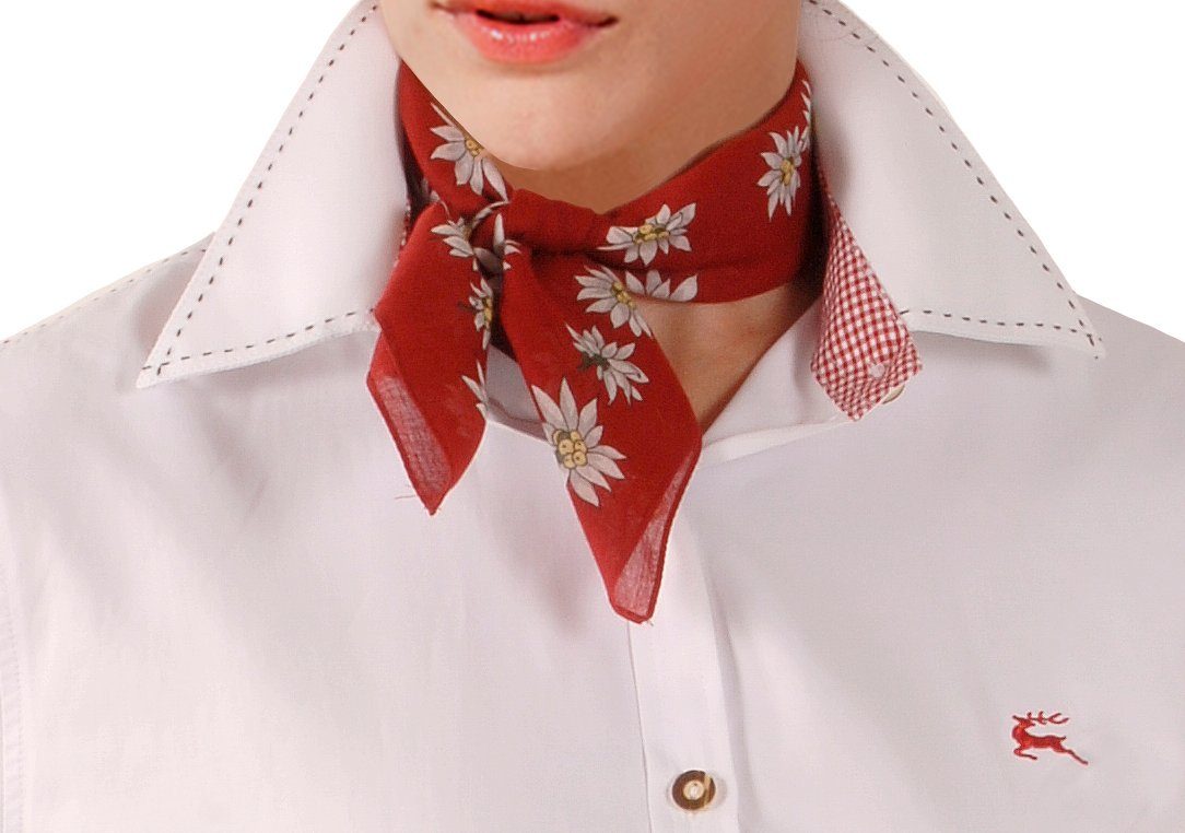 Moschen-Bayern Trachtenbluse Trachtenbluse Damen Bluse Damenbluse Langarm Hirsch Weiß-Rot Damenbluse