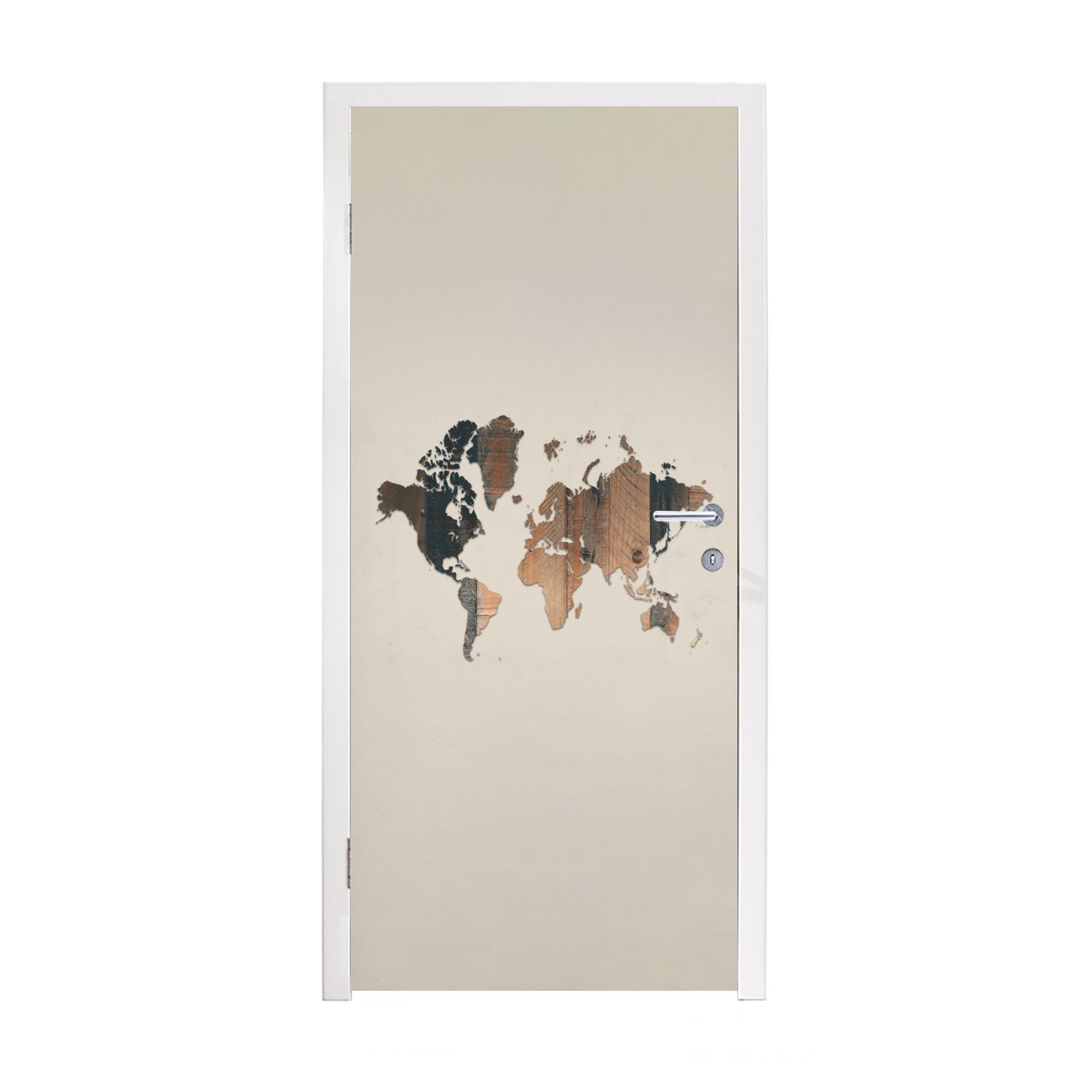 MuchoWow Türtapete Weltkarte -Holz - Regal, Matt, bedruckt, (1 St), Fototapete für Tür, Türaufkleber, 75x205 cm