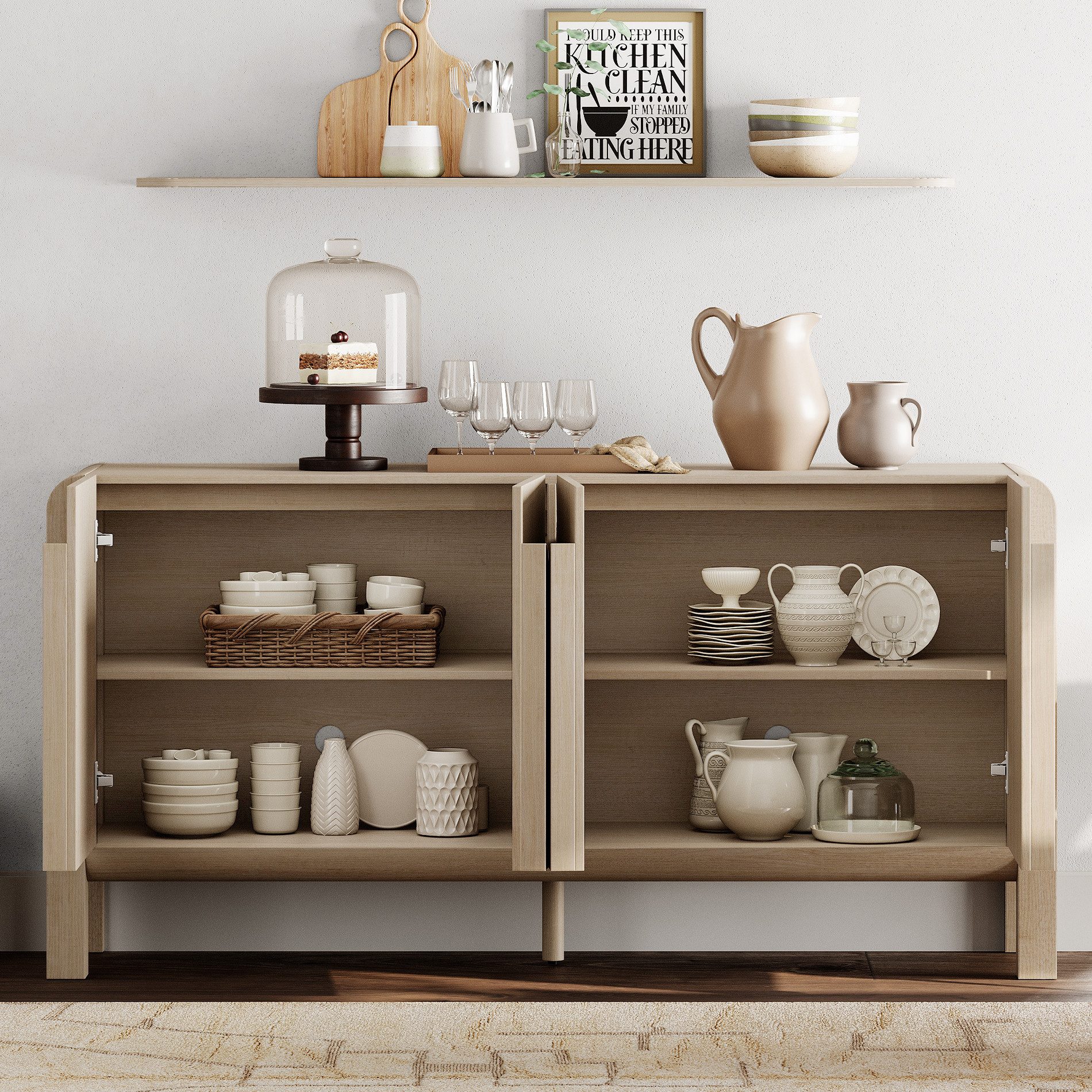 WAMPAT Sideboard mit 4 Fächern, 160 cm breit, 80 cm hoch, Holzoptik, eiche, beige, verstellbare Einlegeböden, für Flur, Wohnzimmer, Küche