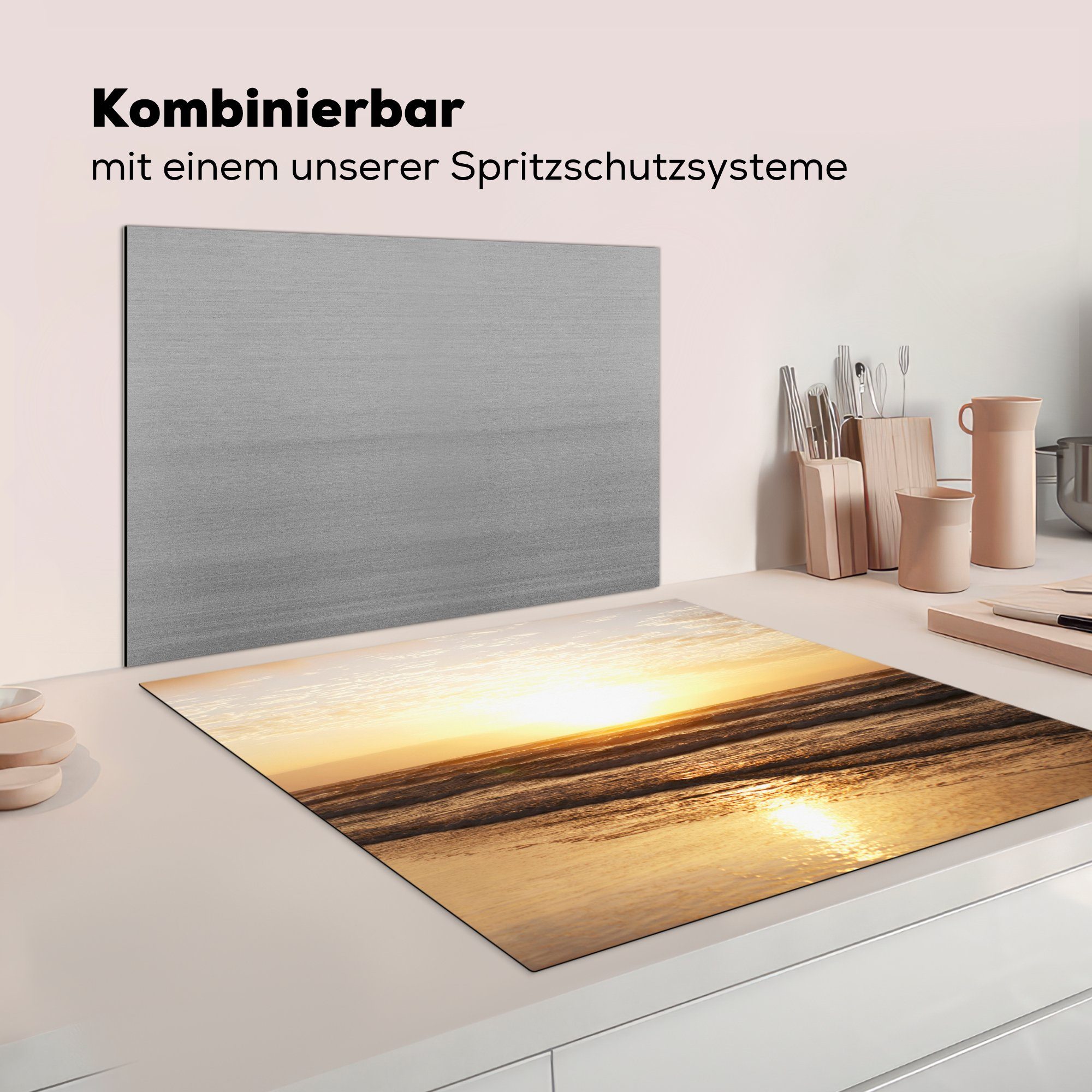 Meer Herdblende-/Abdeckplatte küche Sonne für 78x78 tlg), Vinyl, Strand, cm, (1 - MuchoWow Ceranfeldabdeckung, Arbeitsplatte -