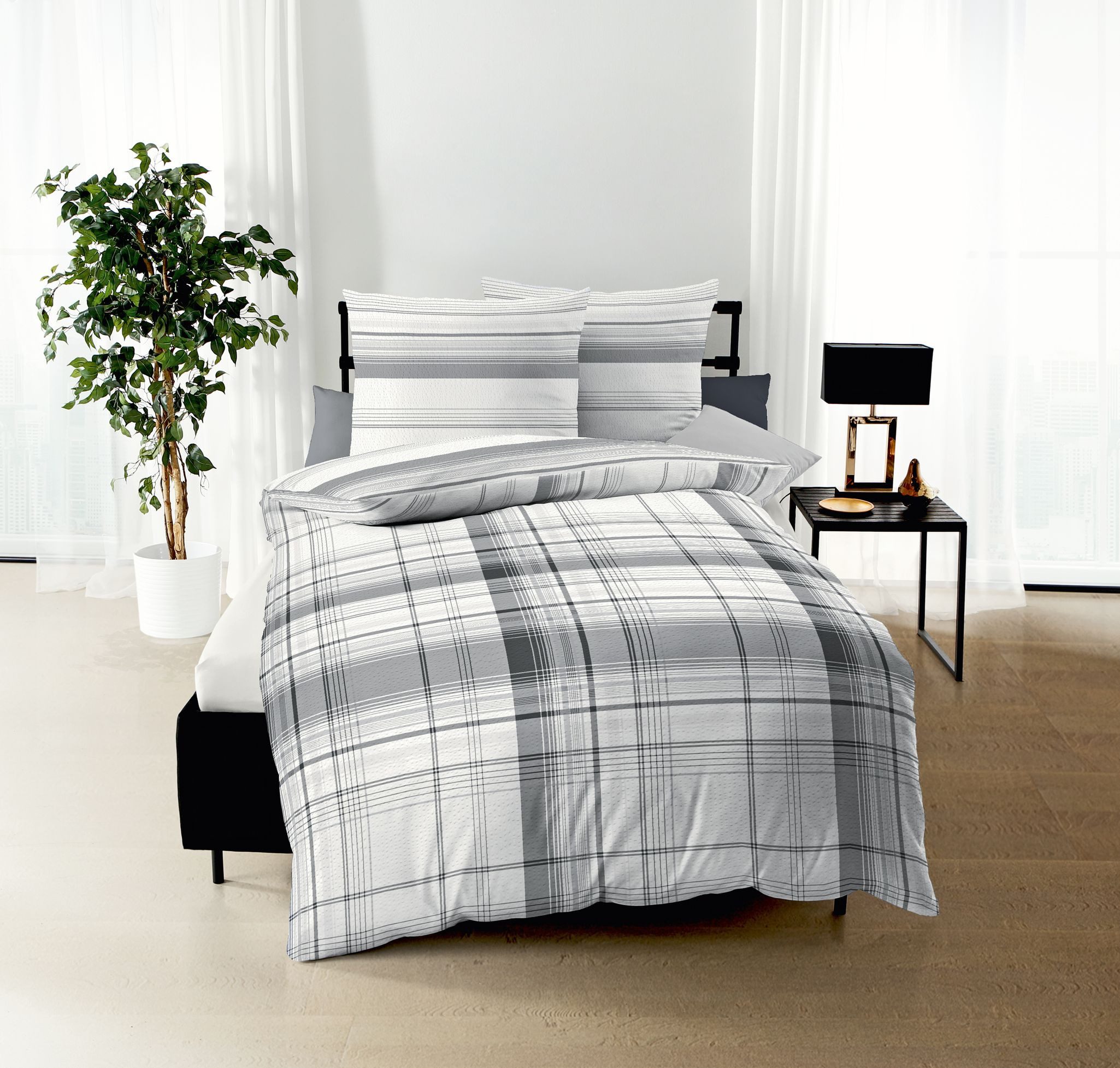 JACK Wendebettwäsche 135x200cm / 155x220cm Facile Grau Streifen Kariert Kaeppel, Seersucker, 2 teilig, modernes Design in Weiß mit grauen Linien, Offwhite – Bild 3 von 5