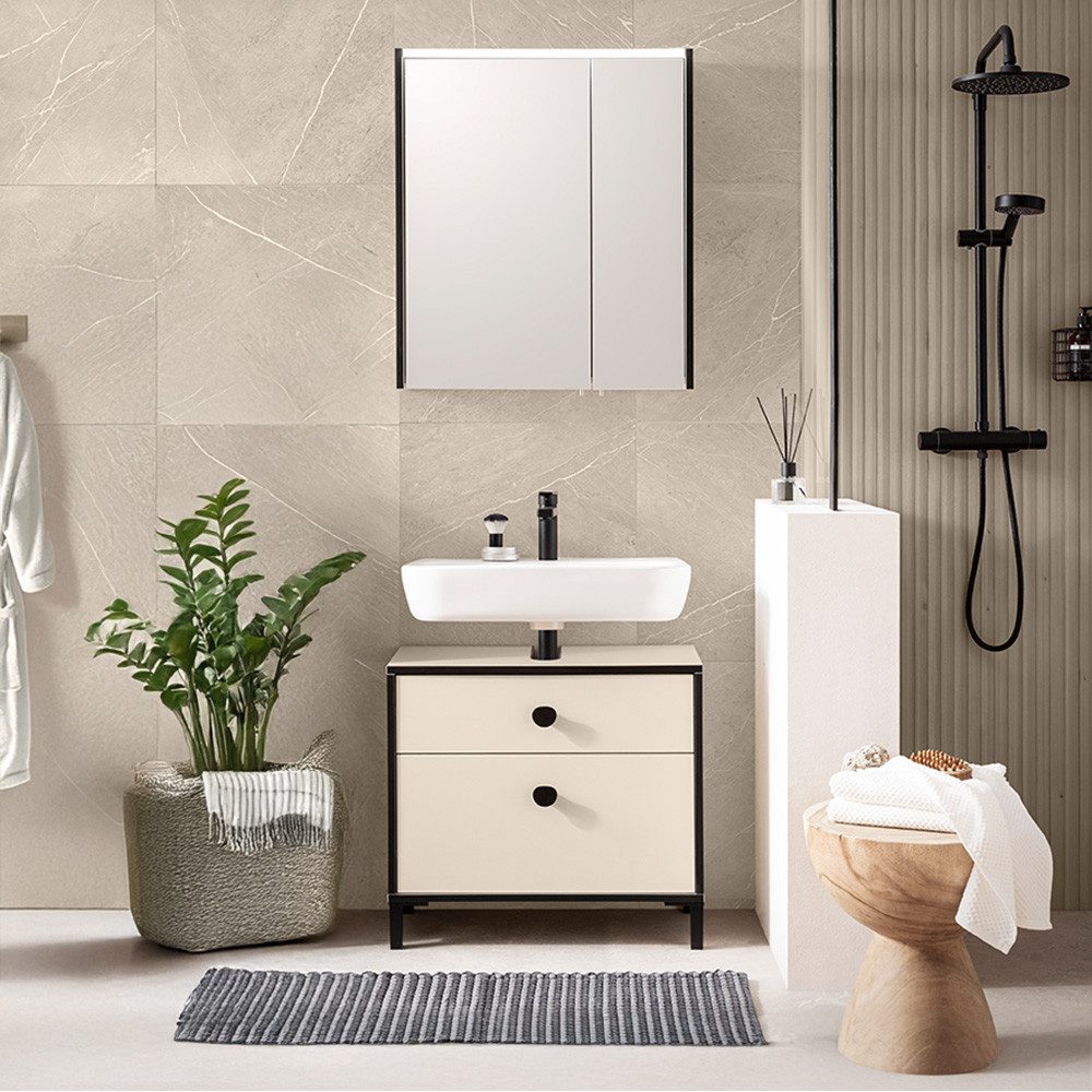Lomadox Badmöbel-Set ELMIRA-80, (Spar-Set, 2-St., Waschbeckenschrank Midischrank Spiegelschrank), Beige Mattschwarz, LED-Beleuchtung, Schalter-/Steckdosenkombination