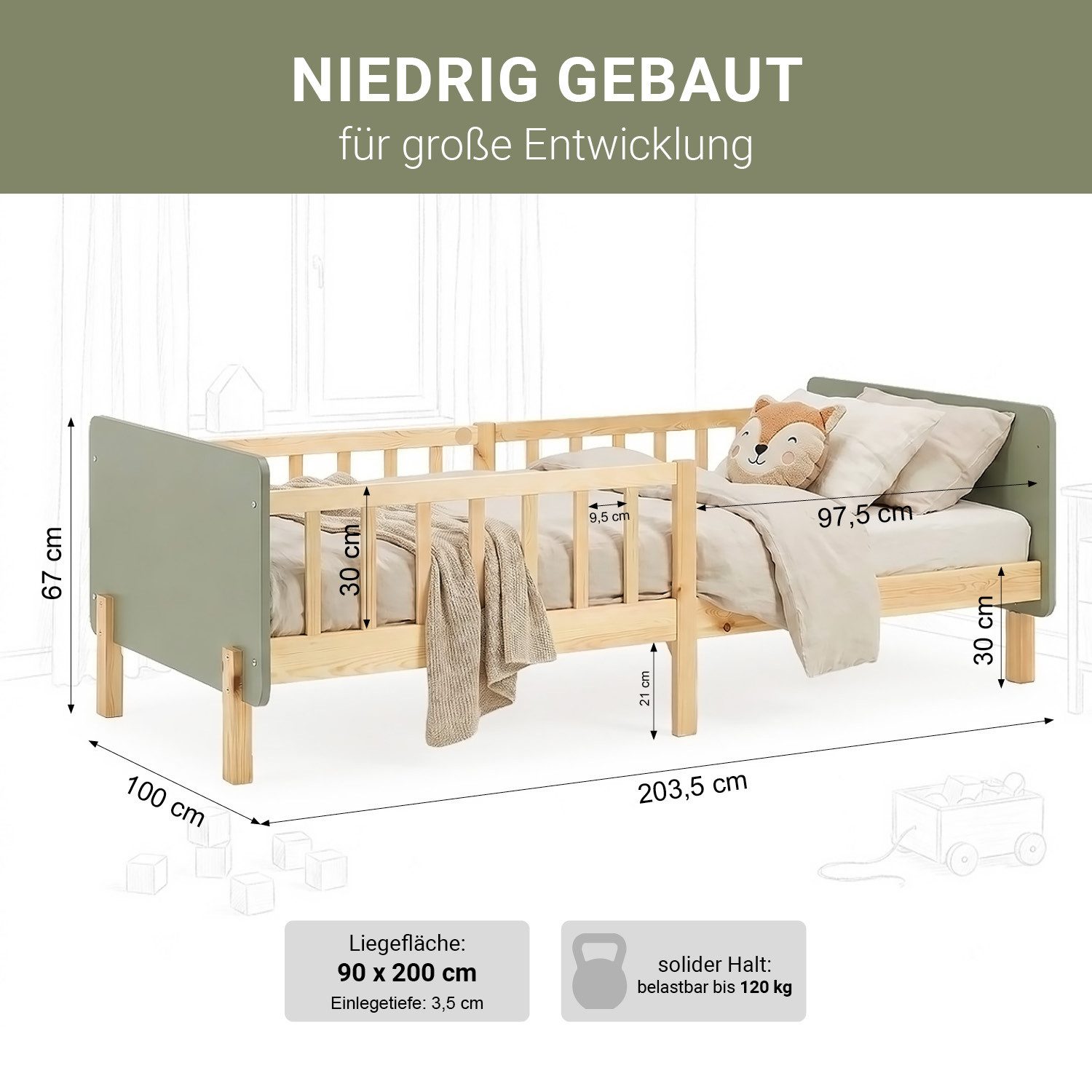 Homestyle4u Kinderbett 90x200 Holzbett Einzelbett Rausfallschutz Gestell Kinderzimmer (Set, mit Lattenrost), Grün