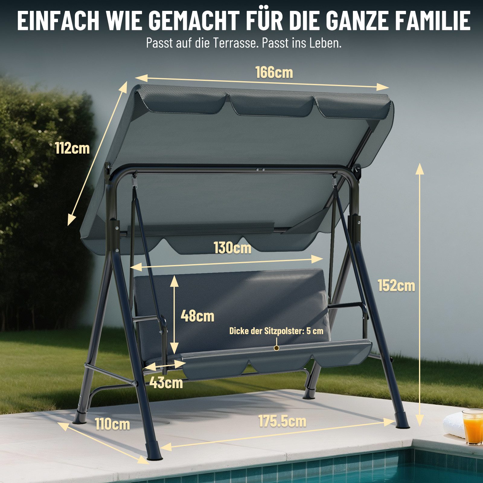 Huracan Hollywoodschaukel 3-Sitzer, Gartenschaukel mit Verstellbarem Sonnendach, 3-Sitzer, 175.5*110*152cm-Klassiker, UV-Schutz Wetterfest, Schaukelbank 220kg Belastbar